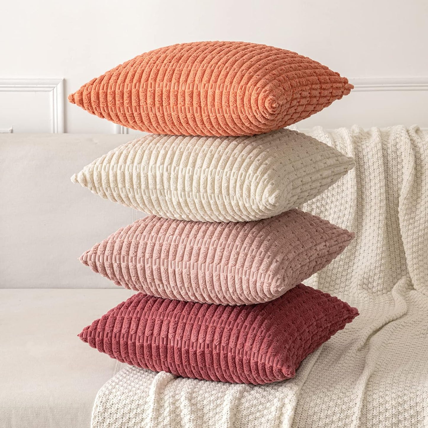 MIULEE Corduroy Throw Pillow Covers - Soft Boho Striped Design | 18x18 Inch for Modern Farmhouse Decor