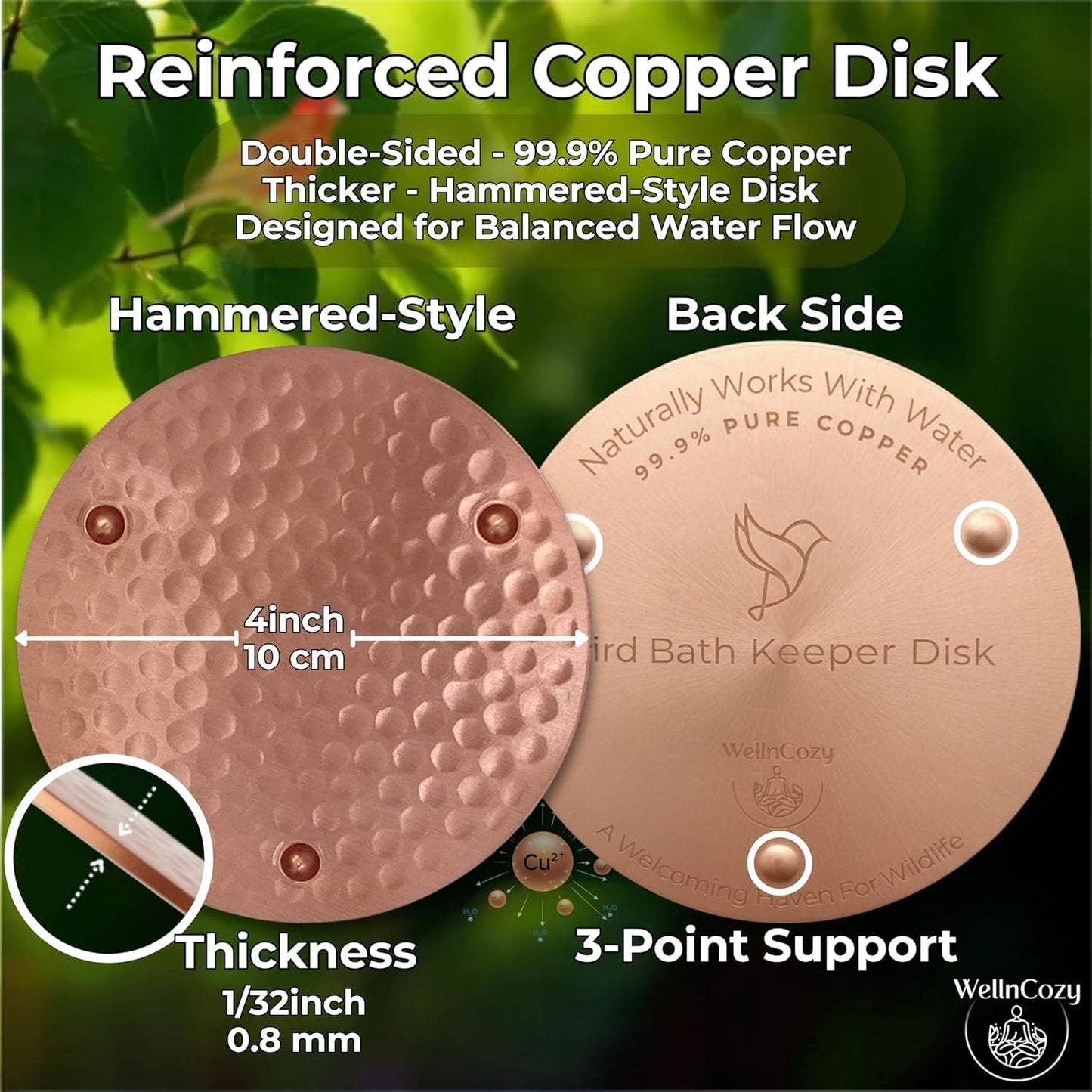 Skiennix Bird Bath Copper Disk Set - 99.9% Pure Hammered Copper Plate, Rustic Design for Easy Maintenance