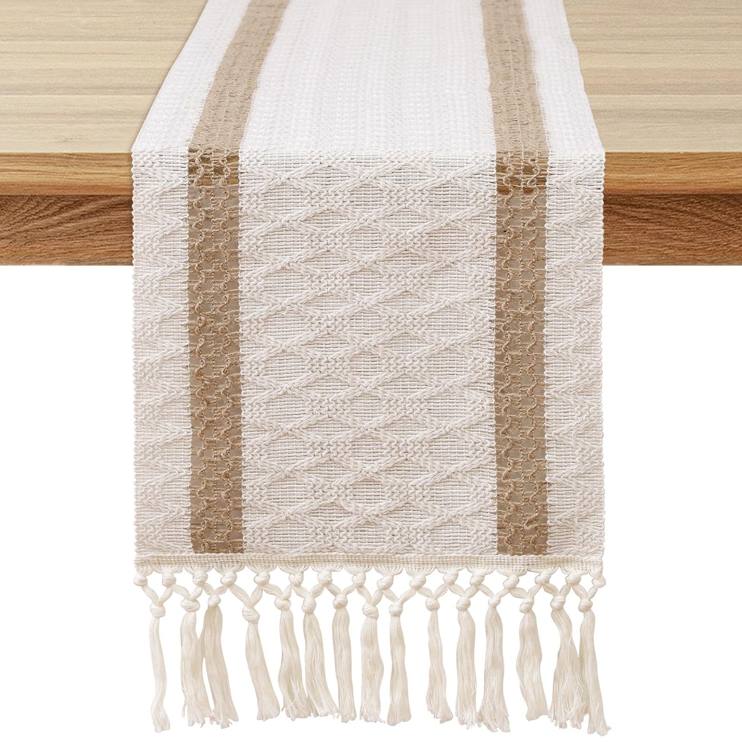 OTOSTAR Boho Table Runner with Tassels 48 Inches Long Farmhouse Rustic Table Runner Macrame Burlap Table Decoration for Home Decor Living Room Bridal Shower, Double Striped (12x48 Inches)