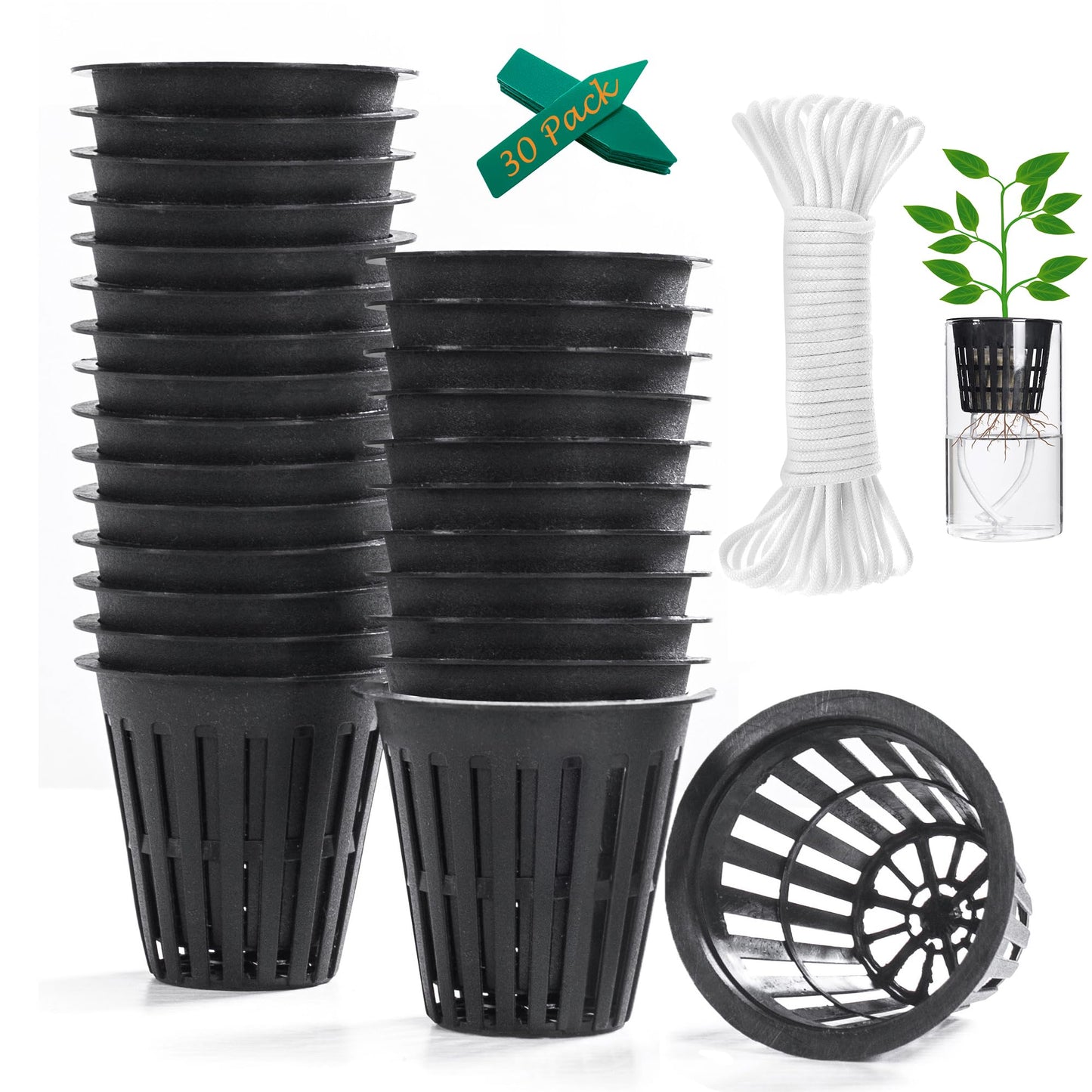 ORIMERC 2 inch Net Cups Pots 30 Pack with 30 feet Self Watering Wick & 30 Plant Labels for Hydroponics Aquaponics Planter Indoor Outdoor Growing Baskets Slotted Mesh UV Resistant & BPA Free