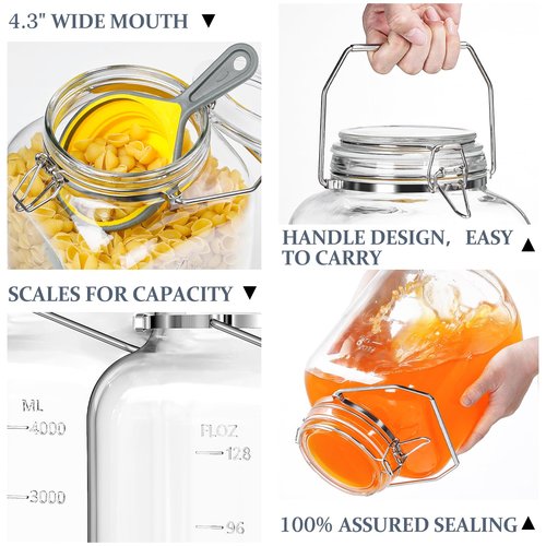 Folinstall 1.5 Gallon Glass Jar with Airtight Lid, Square Wide Mouth Mason Jars with Stainless Steel Handle, Large Glass Storage Containers for Canning, Flour, Sugar, Fermentation, Rice, Pickled Eggs