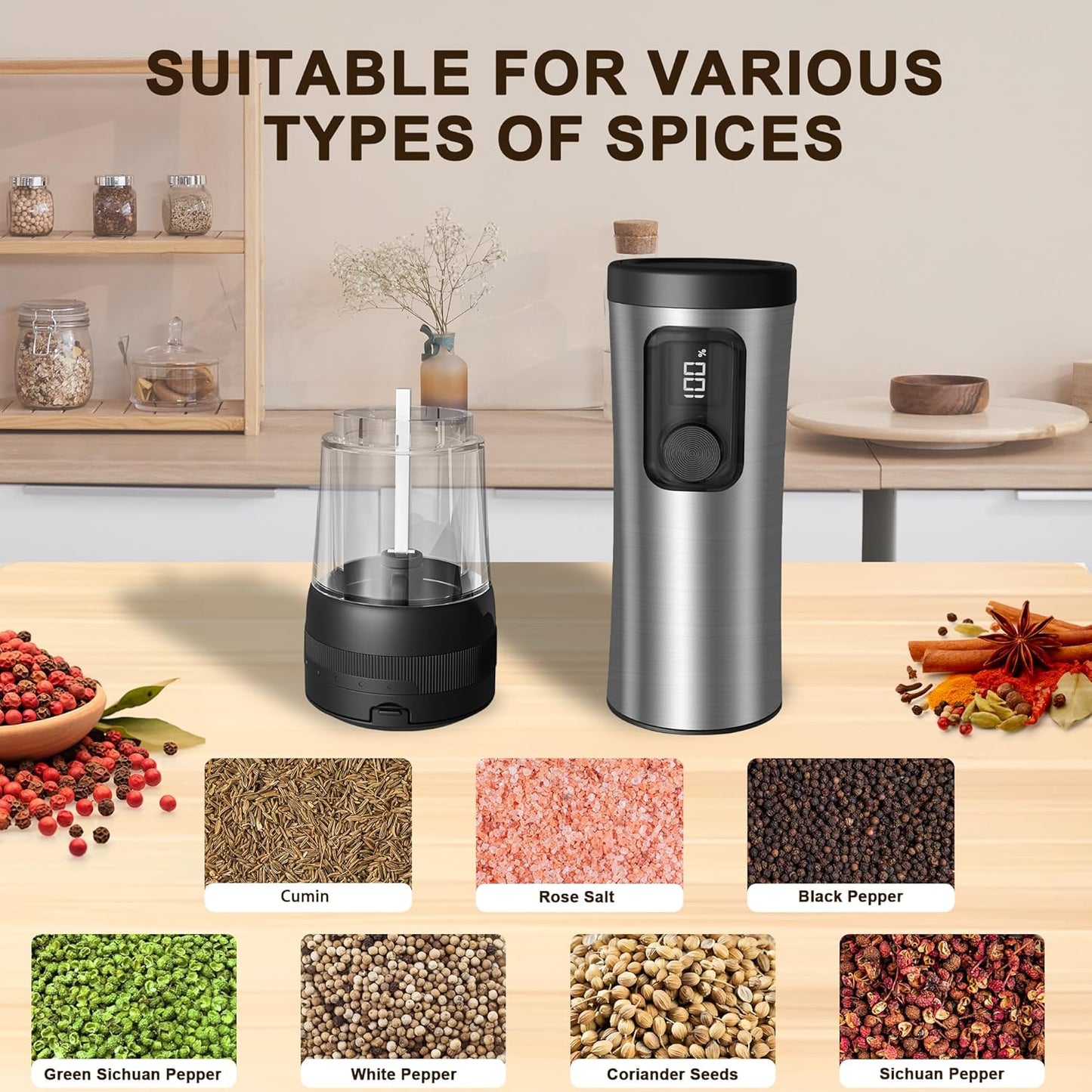 Skiennix Electric Salt and Pepper Grinder Set - Rechargeable Stainless Steel Mill with 2-Speed Settings & LED Light | 100ml Capacity