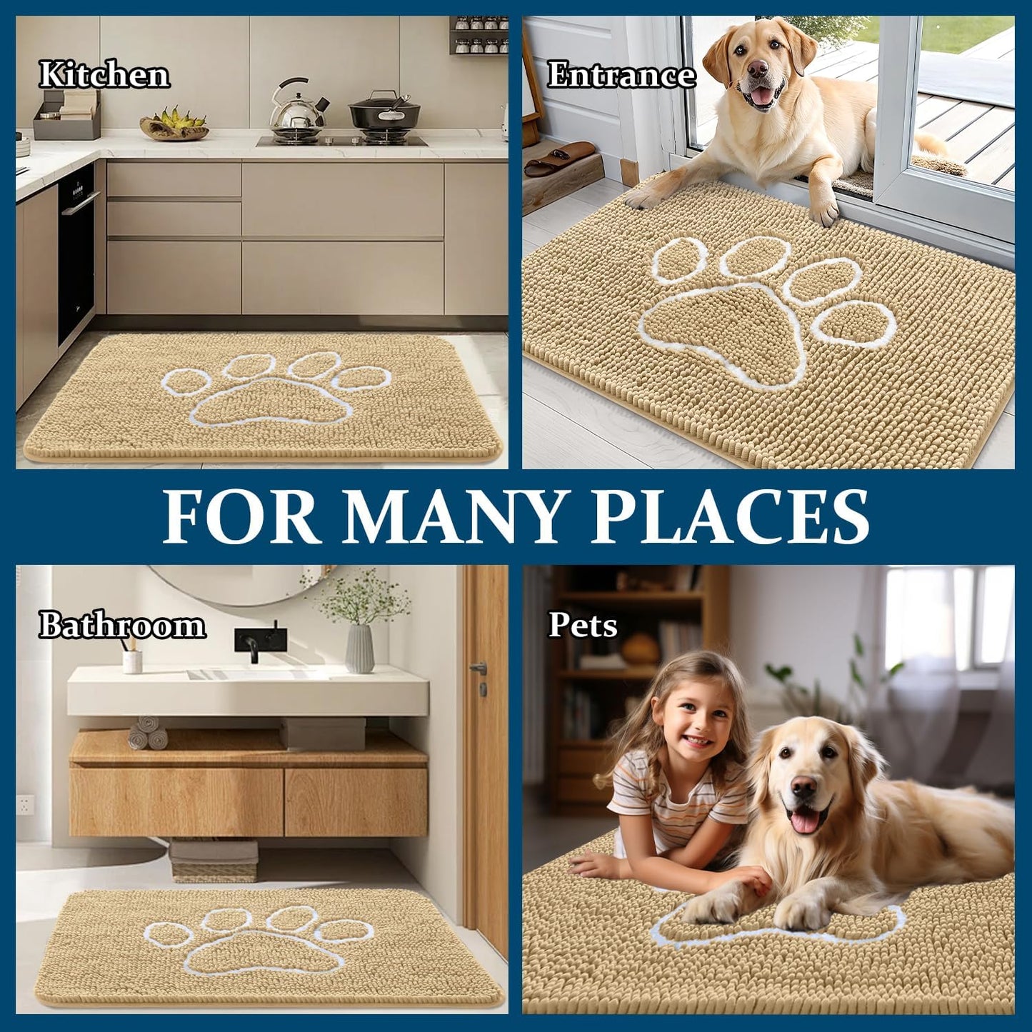 OLANLY Dog Door Mat - Absorbent Non-Slip Muddy Paws Mat | Quick Dry Chenille 47x32, Beige