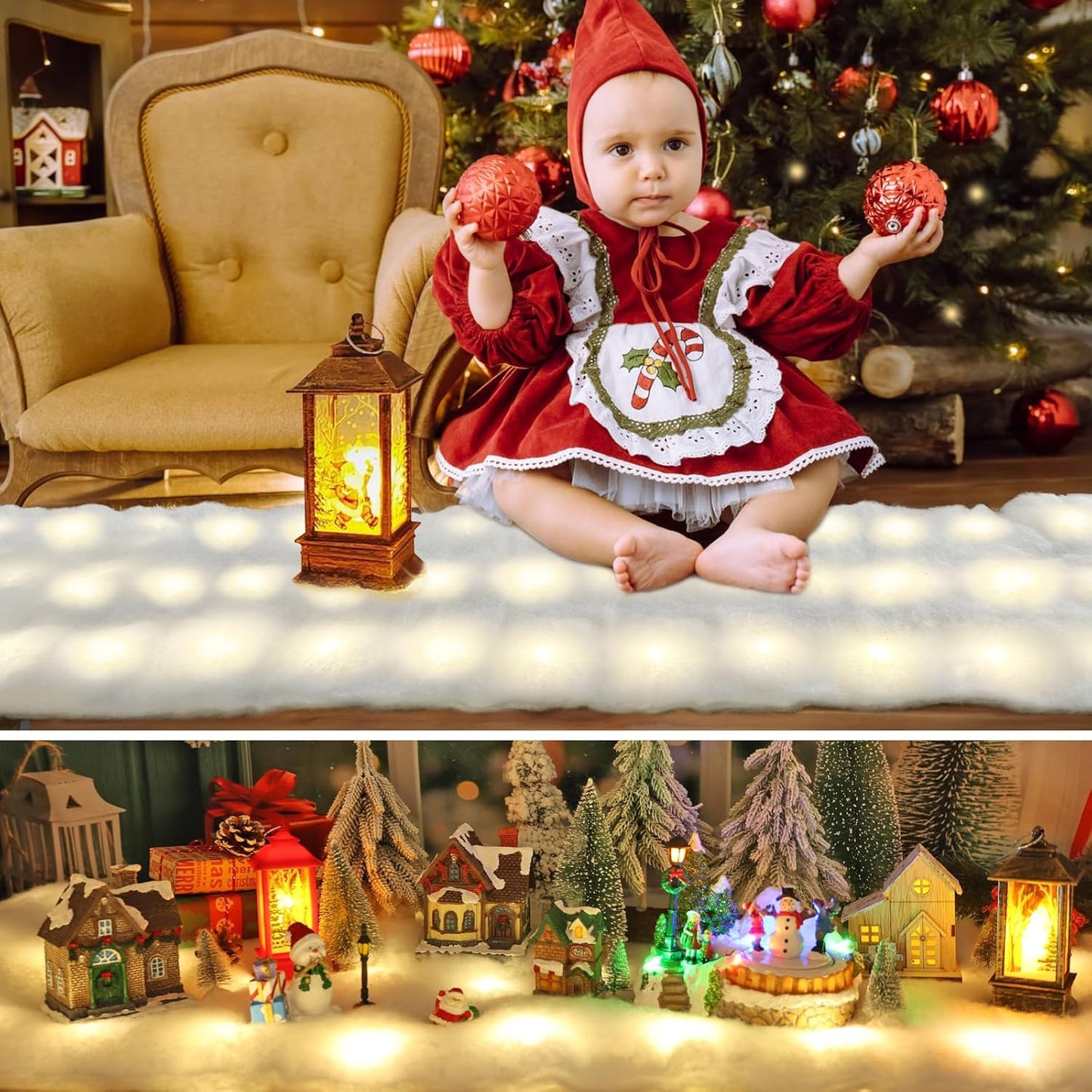 Skiennix Christmas Snow Blanket - 1.3x5.25 Ft Faux Snow Roll with 50 LED Lights for Winter Displays