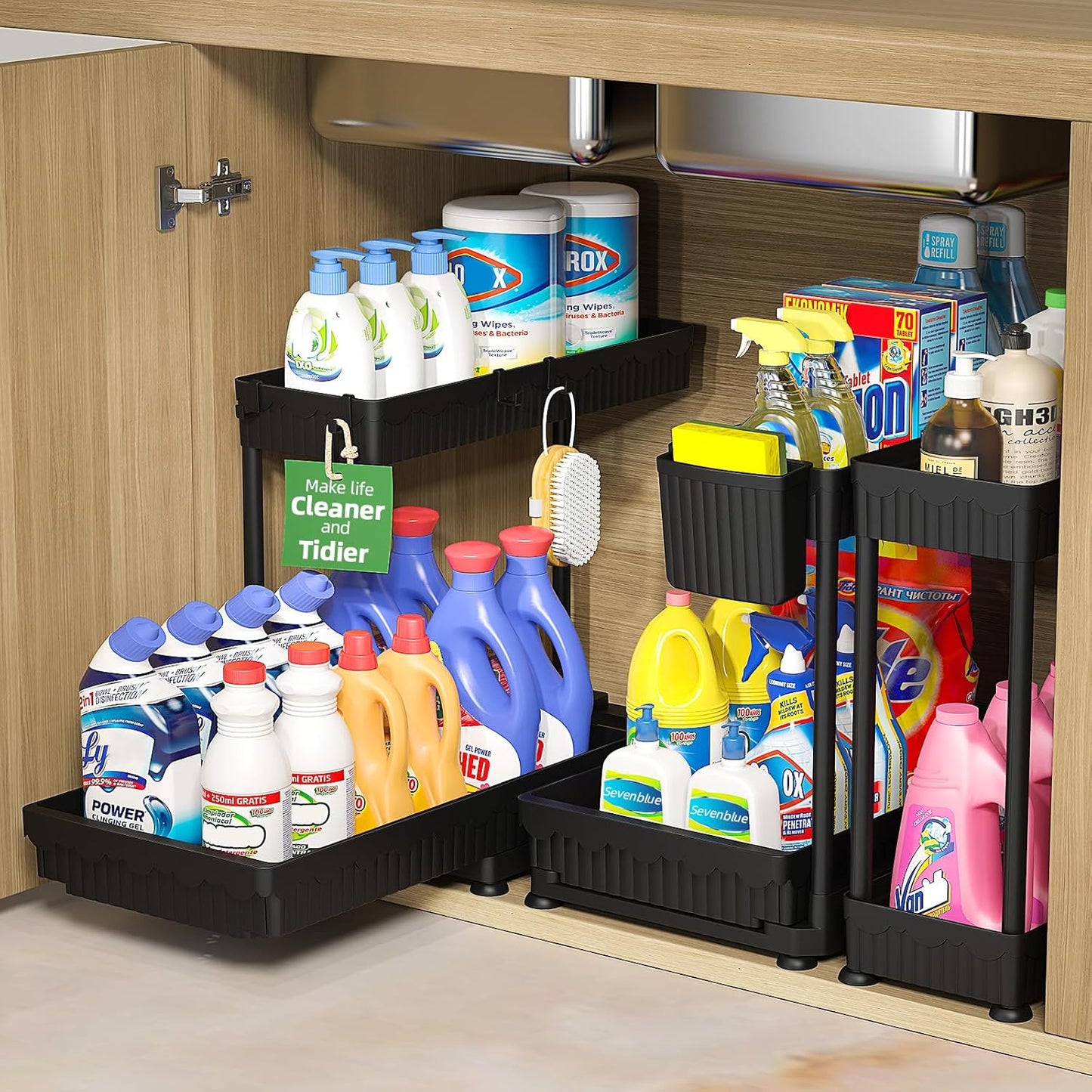 Sevenblue 3-Pack Multi-Purpose Pull-Out Storage Organizers - 2-Tier Under Sink Organizers for Bathroom & Kitchen - Black, 12.8 Inches