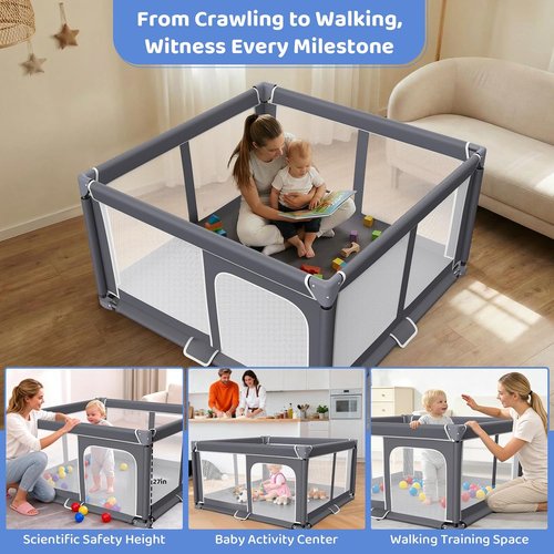 Foldable Baby Playpen - 50"x50" Portable Safety Play Yard for Babies & Toddlers - Indoor/Outdoor Use, Dark Gray
