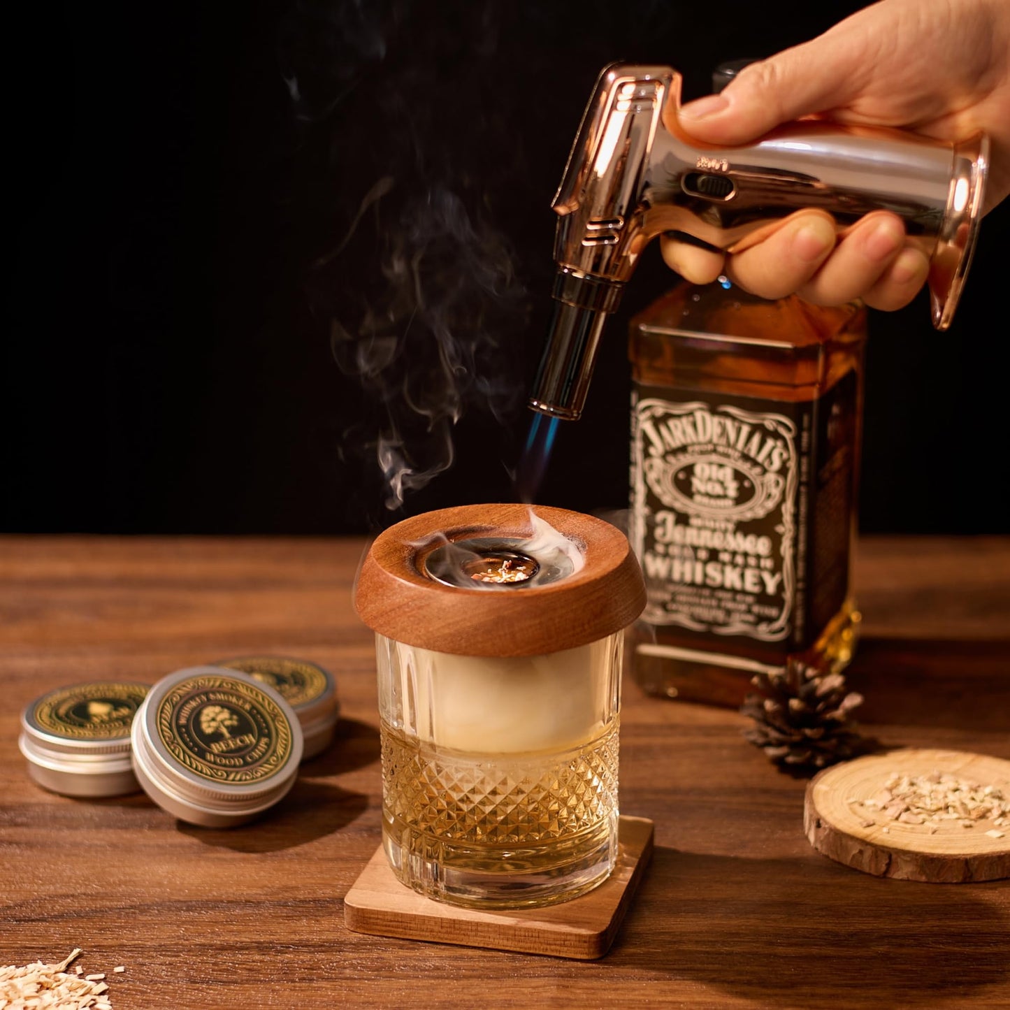 VYRONALEN Whiskey Smoker Kit with Torch, 6 Wood Chip Flavors, 2 Heavy Whiskey Glasses, 2 Ice Ball Molds, Cocktail Smoker Kit for Old Fashioned, Bourbon & Drinks, Gift Set for Men, Father (No Butane)