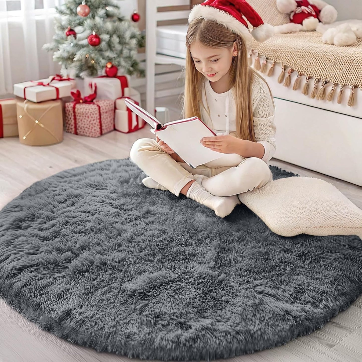 OLANLY Grey Round Area Rug - Soft, Fluffy & Machine Washable 4 ft Circle Carpet for Bedroom, Living Room & Nursery Decor