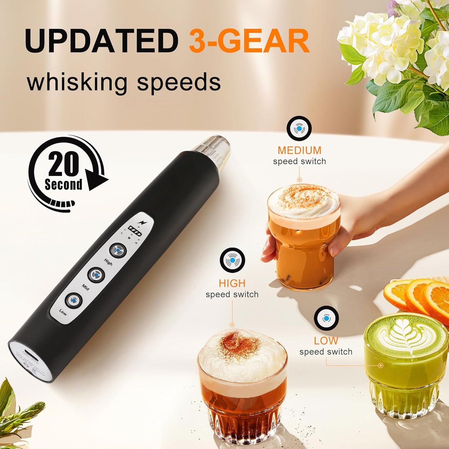 YUSWKO Handheld Milk Frother Wand - Rechargeable Electric Whisk with 3 Heads & 3 Speeds | Perfect for Latte, Cappuccino & Hot Chocolate