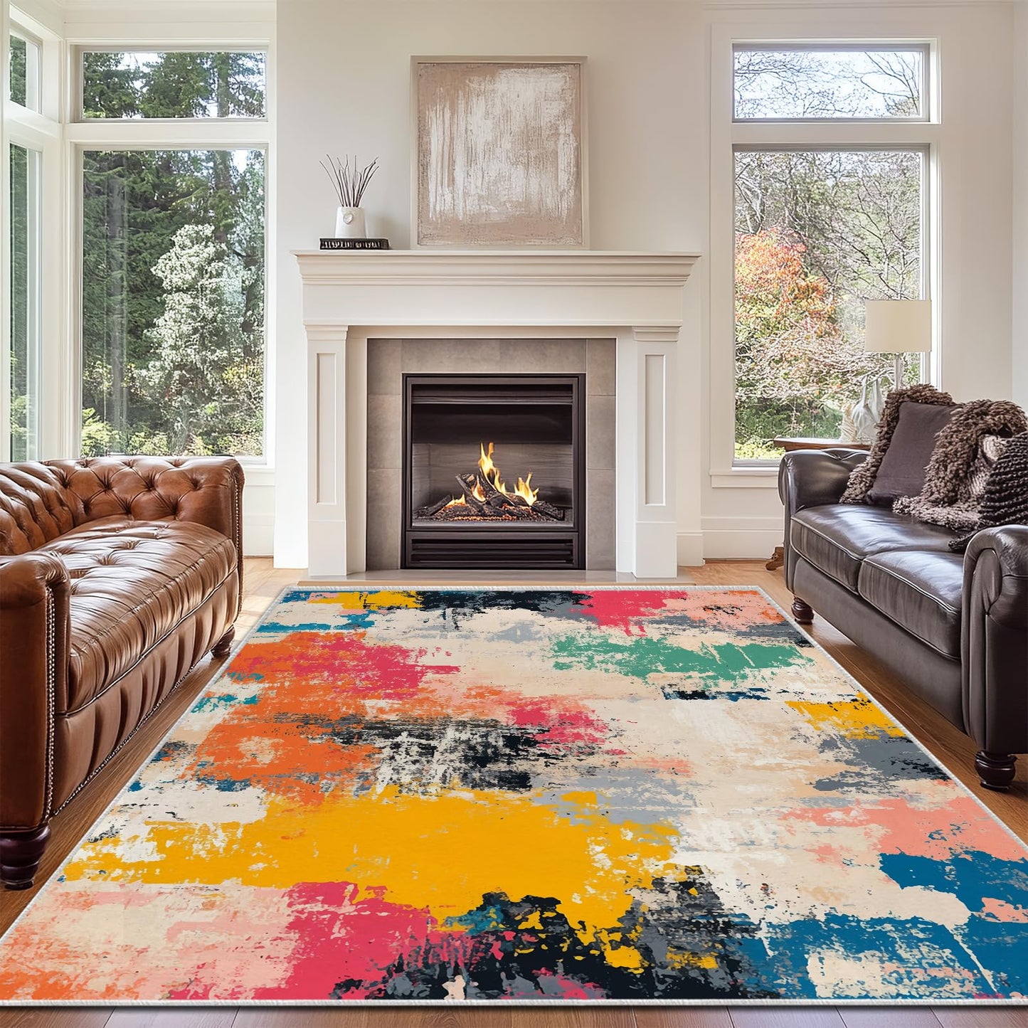 5x7 Colorful Area Rug Modern Abstract Beige Orange Yellow Pink Blue Black White Grey Rug Bedroom Low Pile Thin Large Carpet Living Room Non Slip Dining Room Stain Resistant Office Washable Machine