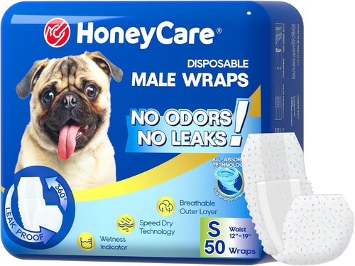 HONEY CARE Male Dog Wraps - All-Absorb Design for Maximum Comfort | 50 Count, Small Size