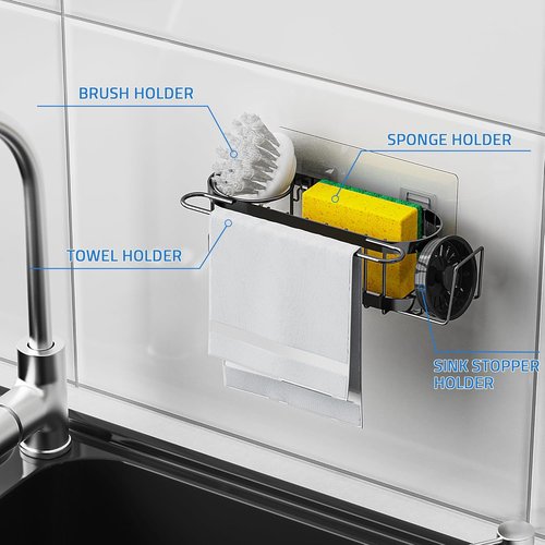Cisily Kitchen Sink Caddy - Stainless Steel Organizer with Sponge Holder & Dish Cloth Hanger | 2 Installation Options