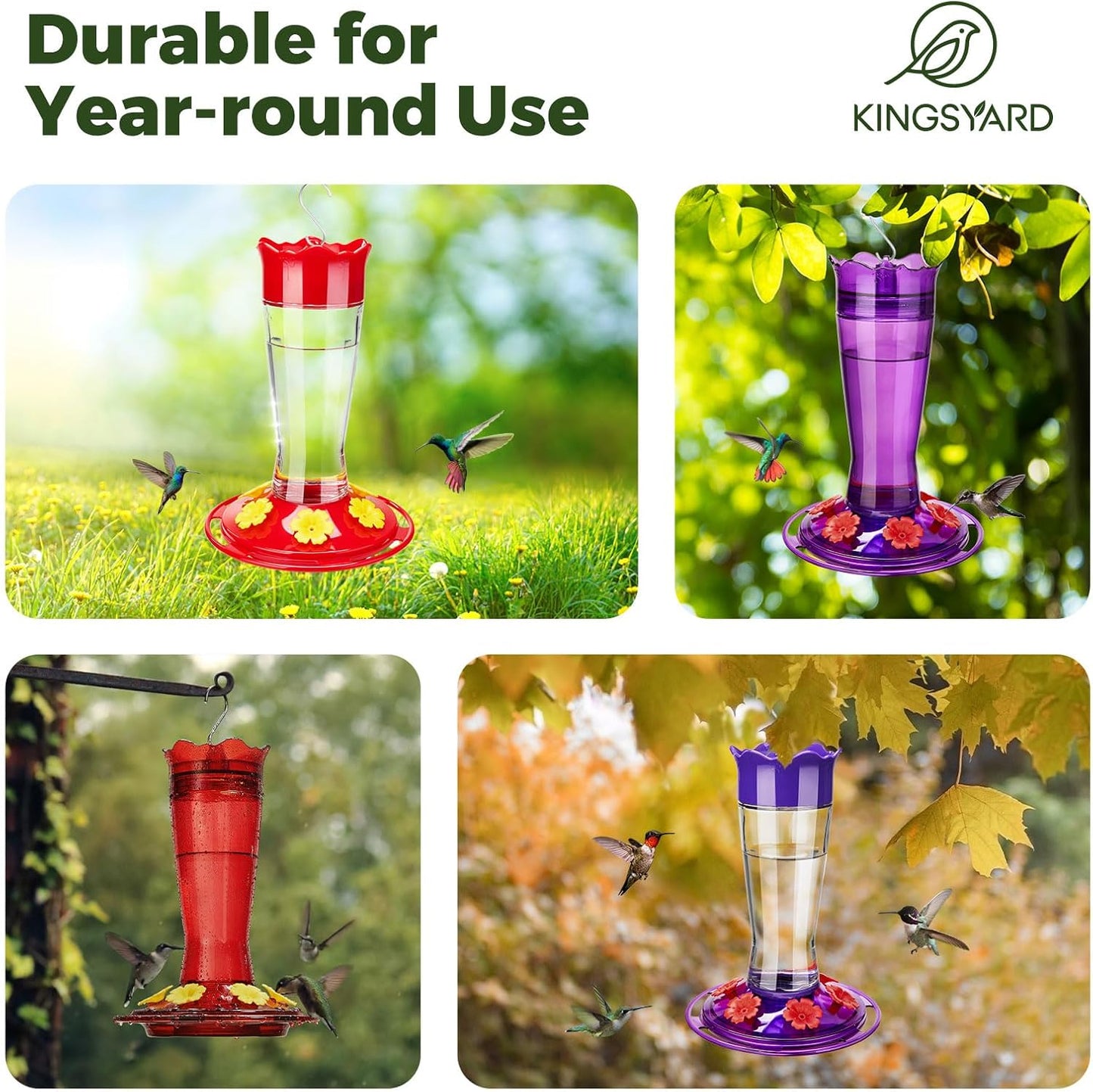 Kingsyard Glass Hummingbird Feeder - 14 oz Leak-Proof Design with Ant Moat & Bee-Proof Ports | 2-Pack Red