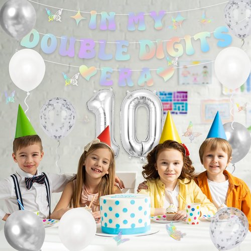 Holkcog 10th Birthday Decorations Silver, In My Double Digits Era Banner, Happy 10th Birthday Decorations for Girls Boys Double Digits Party Supplies Silver Number 10 Balloon Butterfly 10 Party