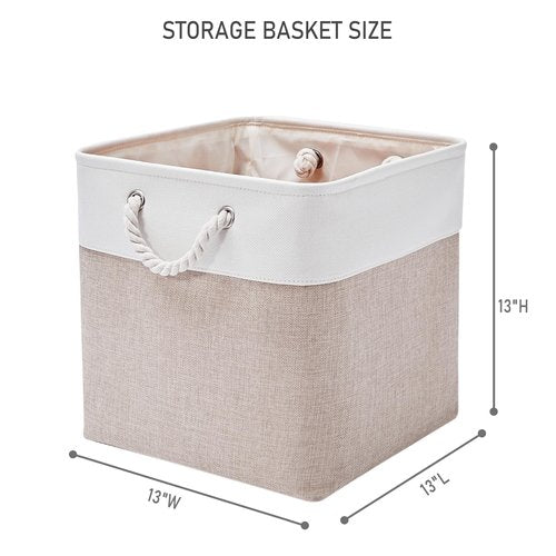 ISEMINGLA 13 x 13 Inch Storage Cubes，6 Pack Cube Storage Bins for Shelves，Fabric Collapsible Storage Bins with Handles, Foldable Storage Basket for Organizing Clothes, Toys, Books (White&Beige)