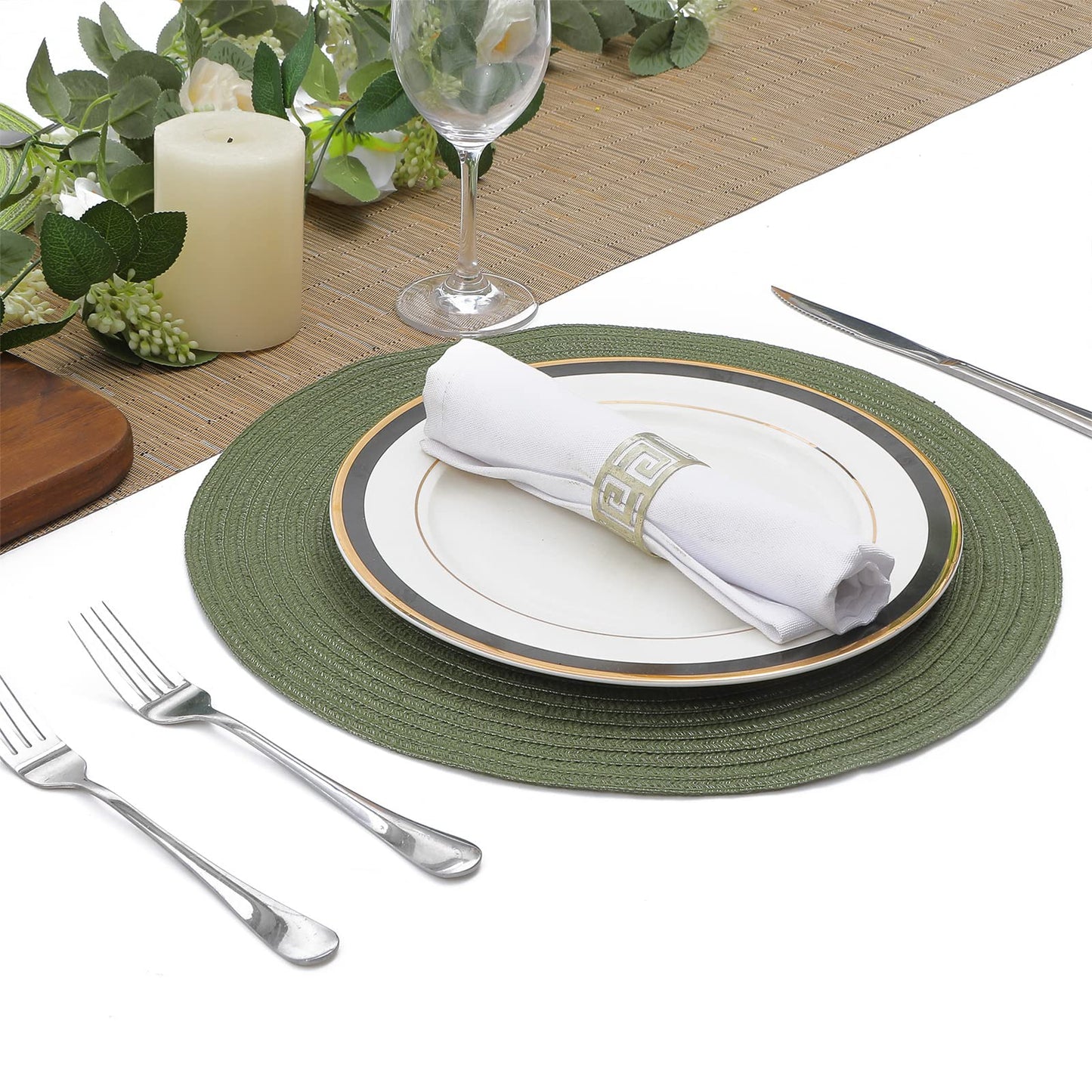 SHACOS Round Placemats Set of 12 Washable 15 inch Round Table Mats Cotton Polyester Woven Braided Place Mats for Dining Table Wedding Party Decor (Olive Green, 12)