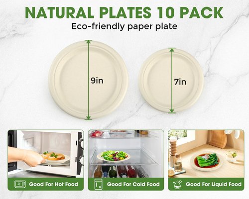 BSDPREF 300 Pack Paper Plates Set Party Supplies Severs 50 Guests Disposable Party Plates Sugarcane Forks Knives Spoons Heavy-Duty Paper Plate Bagasse Natural Compostable Eco-Friendly Birthday Wedding