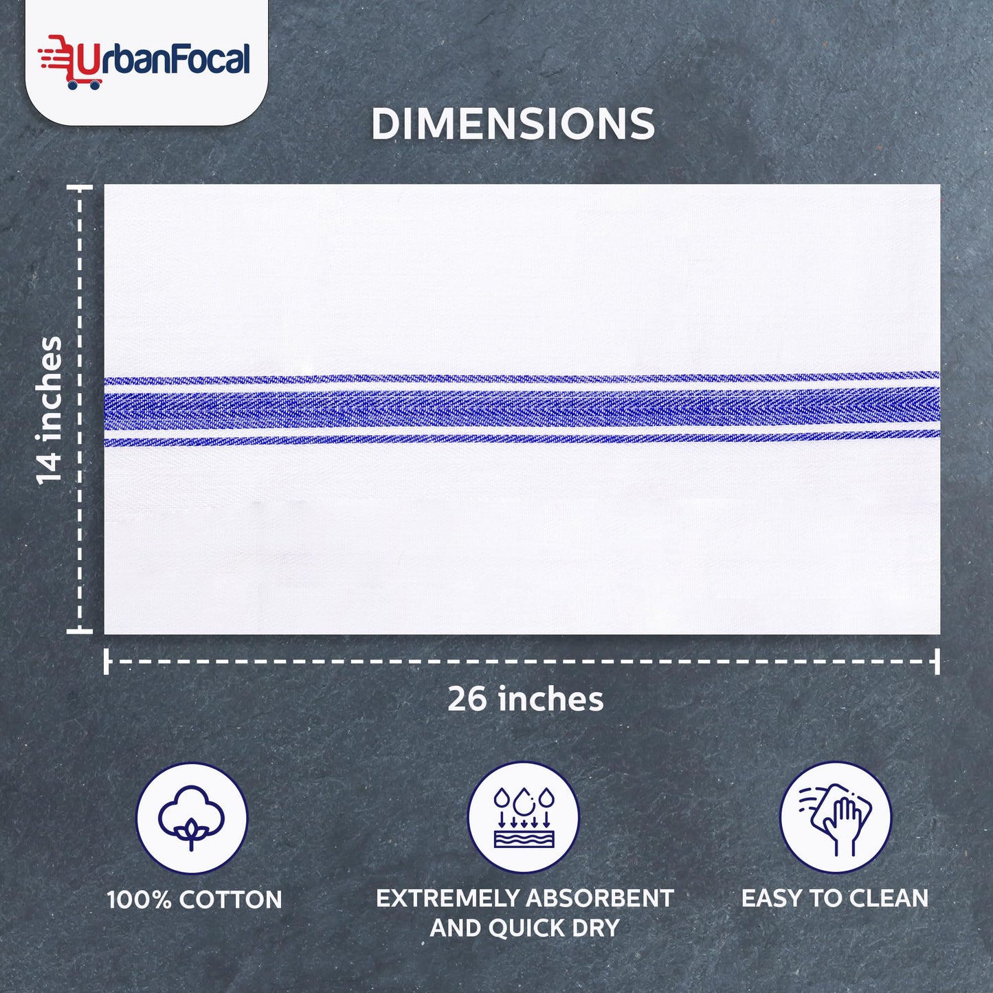 UrbanFocal Washable Kitchen Dish Towels - 100% Cotton Super Absorbent 12 Pack Reusable Cleaning Towel for Dishes | White with Blue Stripe, 14 x 26