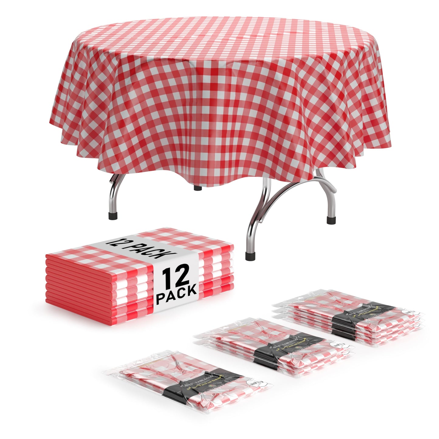Exquisite Picnic Table Cover - 12 Pack Premium Round Tablecloth - Red & White Checkered BBQ Plastic Table Cover - Gingham Checkerboard Disposable Plastic Tablecloth 84 inch. Round
