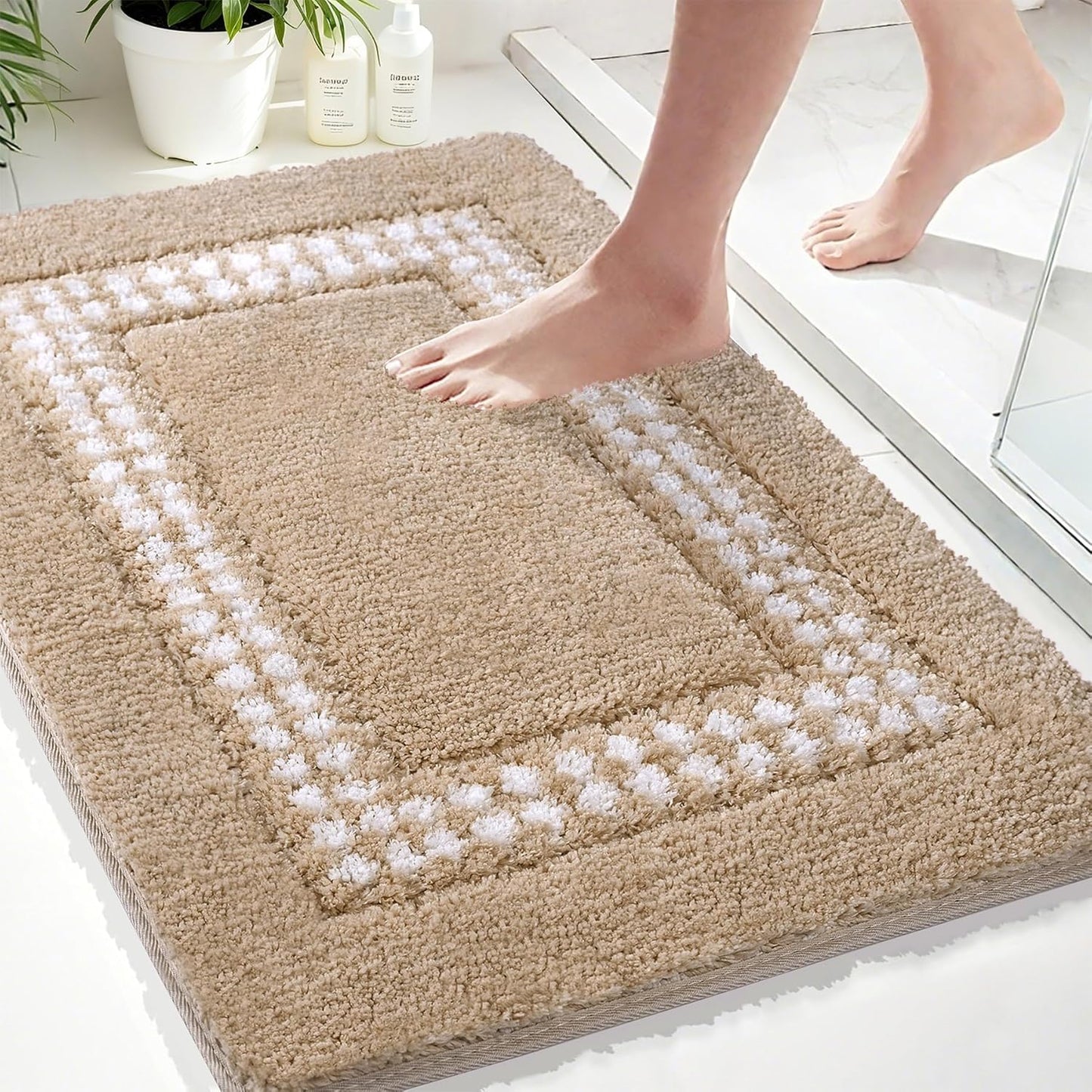 Skiennix Beige Bathroom Rugs - Non-Slip Washable Microfiber Mats | Super Soft & Absorbent 20x31 Inches