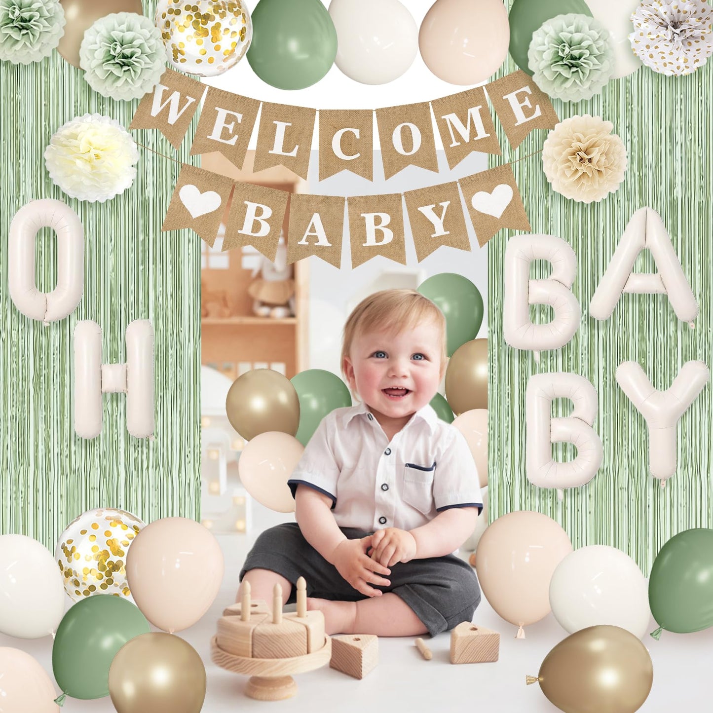 Ouddy Party Sage Green Baby Shower Decorations for Baby, Green Balloons with WELCOME BABY Banner Fringe Curtains Foil Balloons Paper Flower for Boho Baby Shower Birthday Gender Reveal Party Supplies