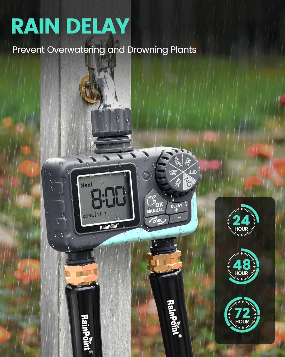 RAINPOINT Sprinkler Timer - 2 Outlet Programmable Water Timer for Garden Hose | LCD Display, Rain Delay & Manual Control