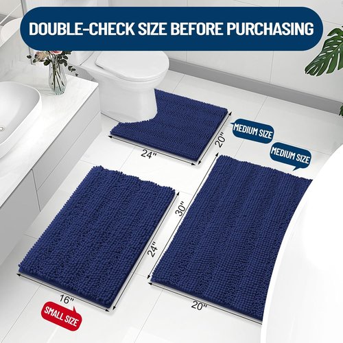 Grandaily Chenille Bathroom Rugs - Extra Thick, Non-Slip Plush Shaggy Mats | 24x16, Navy