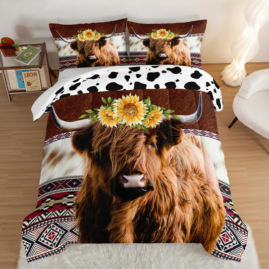 HOSIMA Highland Cow Decor Comforter with 2 Pillowcases,Animal Theme Western Bedding Sets,Brown Cowhide Black White Cow Print Comforter Set for Adults Kids,Sunflower King Size Comforter.