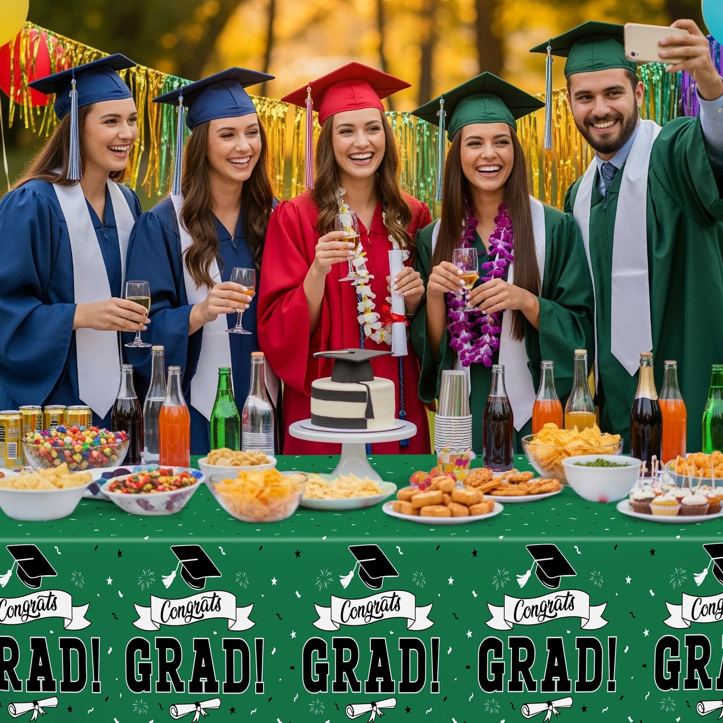 QZYL 2 PCS Graduation Tablecloth, 108" X 54" Green Graduation Table Decorations 2026, Rectangle Table Cloths for Class 2026 Congrats Grad, Disposable Plastic Tablecover for Grad Decor Party Supplies