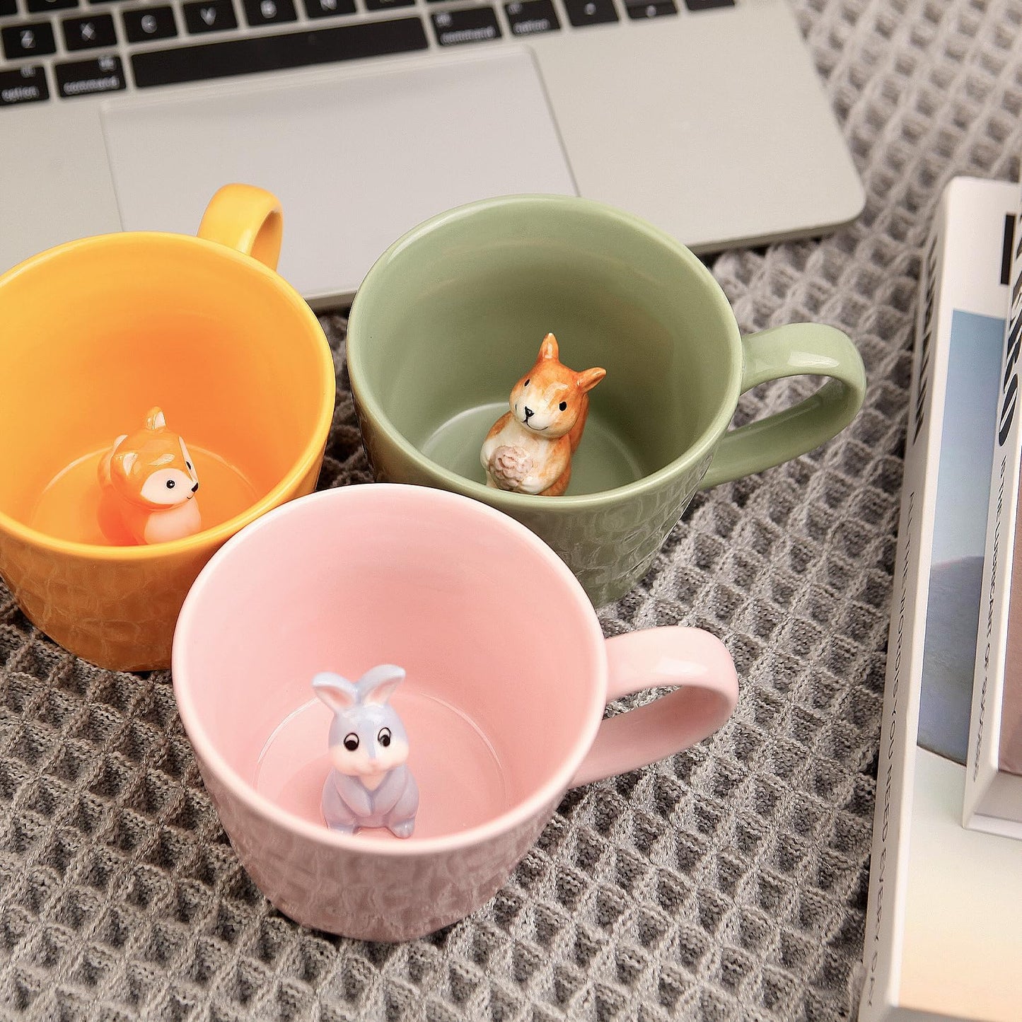 Ceramic Mug with 3D Animal Inside, Cartoon Handmade Figurine Mugs, Cute Coffee Mug With Interesting Design, Holiday and Birthday Gift for Coffee and Milk Tea Lovers (Rabbit)