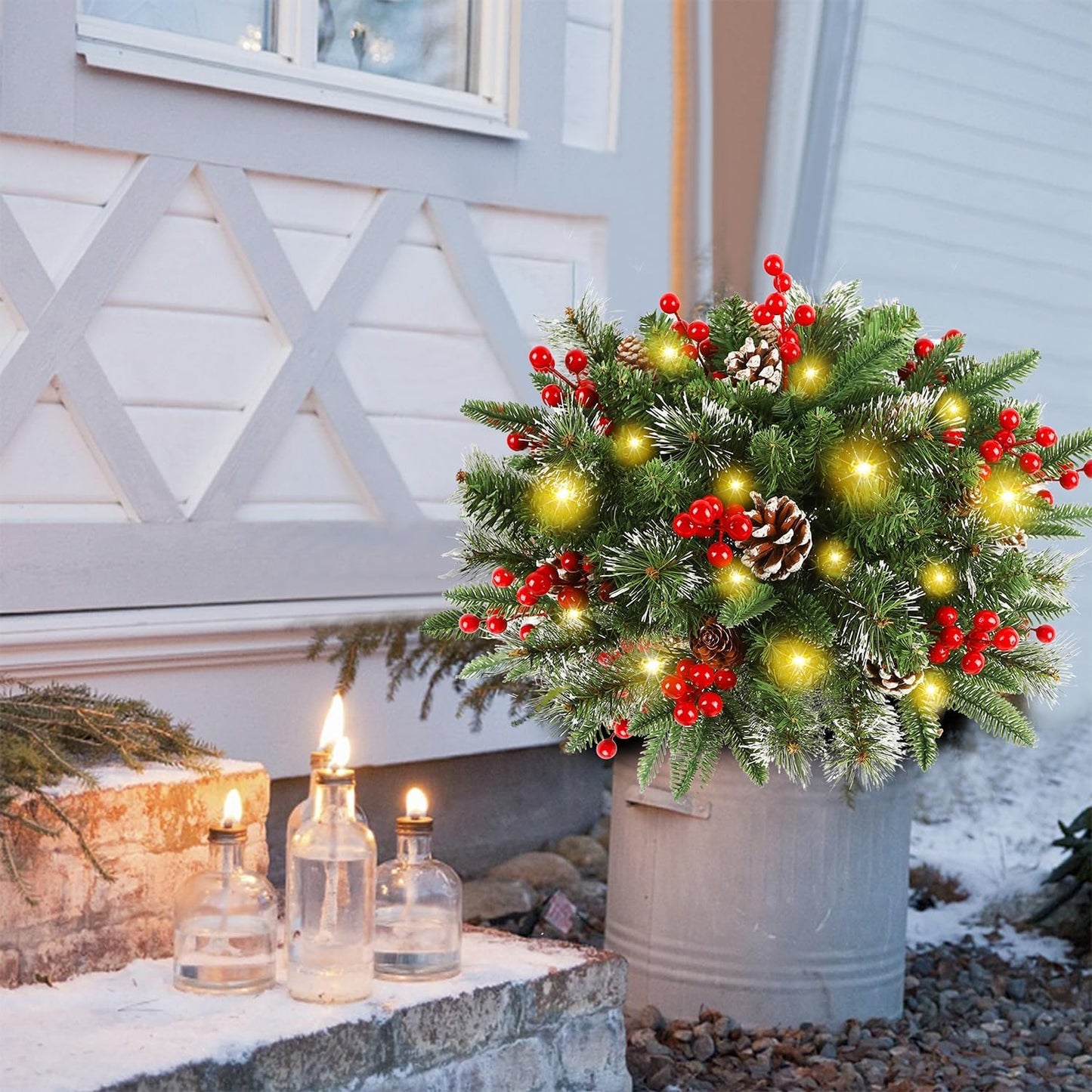 Juegoal Pre-Lit Christmas Tree Urn Filler - Lighted Artificial Pine Trees with 8 Modes & Timer | Battery Powered Outdoor Holiday Decor