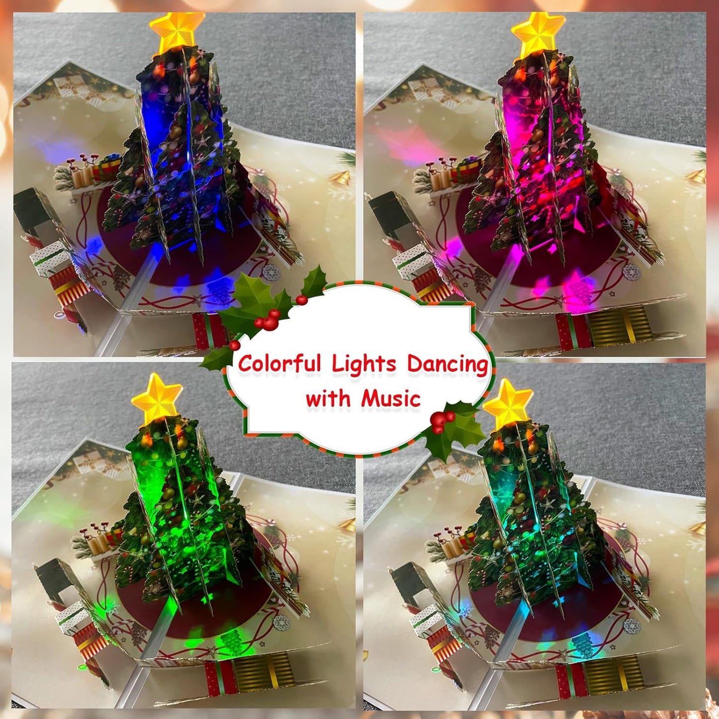 Venhoo Christmas Pop-Up Cards - 3D Handmade Musical Greeting Card with Light & Envelope | Christmas Tree Design