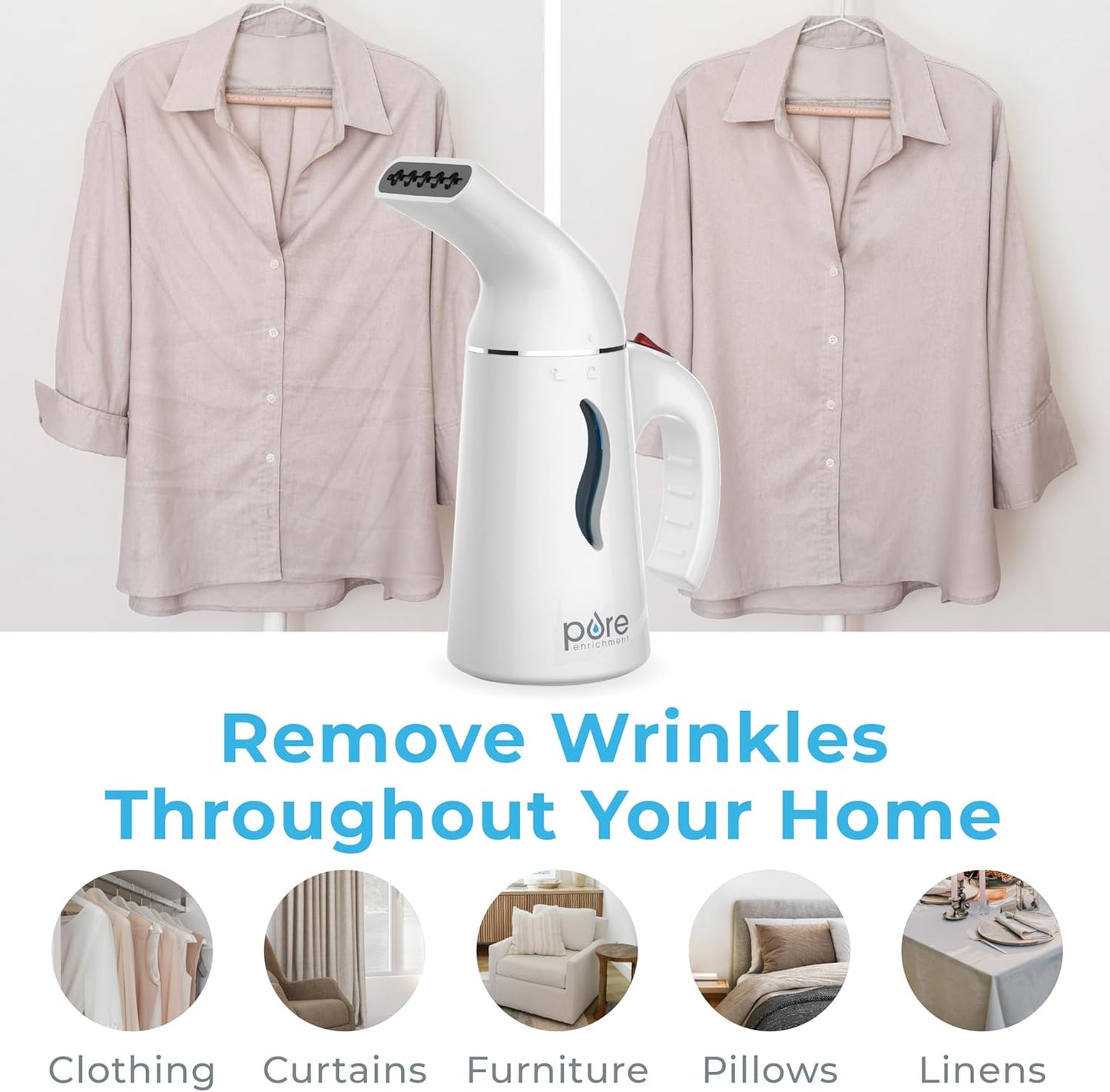 Pure Enrichment Portable Fabric Steamer - Fast-Heating Handheld Travel Garment Steamer | Safe on All Fabrics, Lightweight, Auto Shut-Off (White)