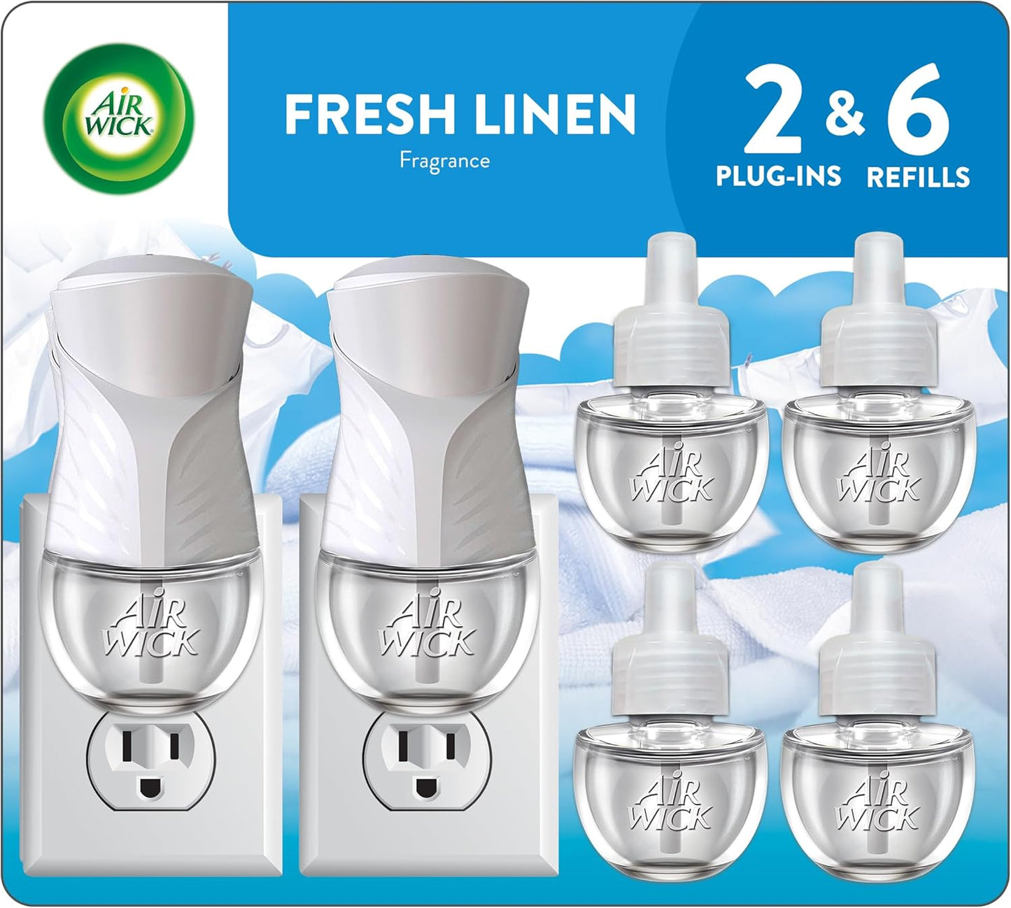 Air Wick Plug-In Scented Oil Starter Kit - 2 Warmers + 6 Fresh Linen Refills | Eco-Friendly Air Freshener