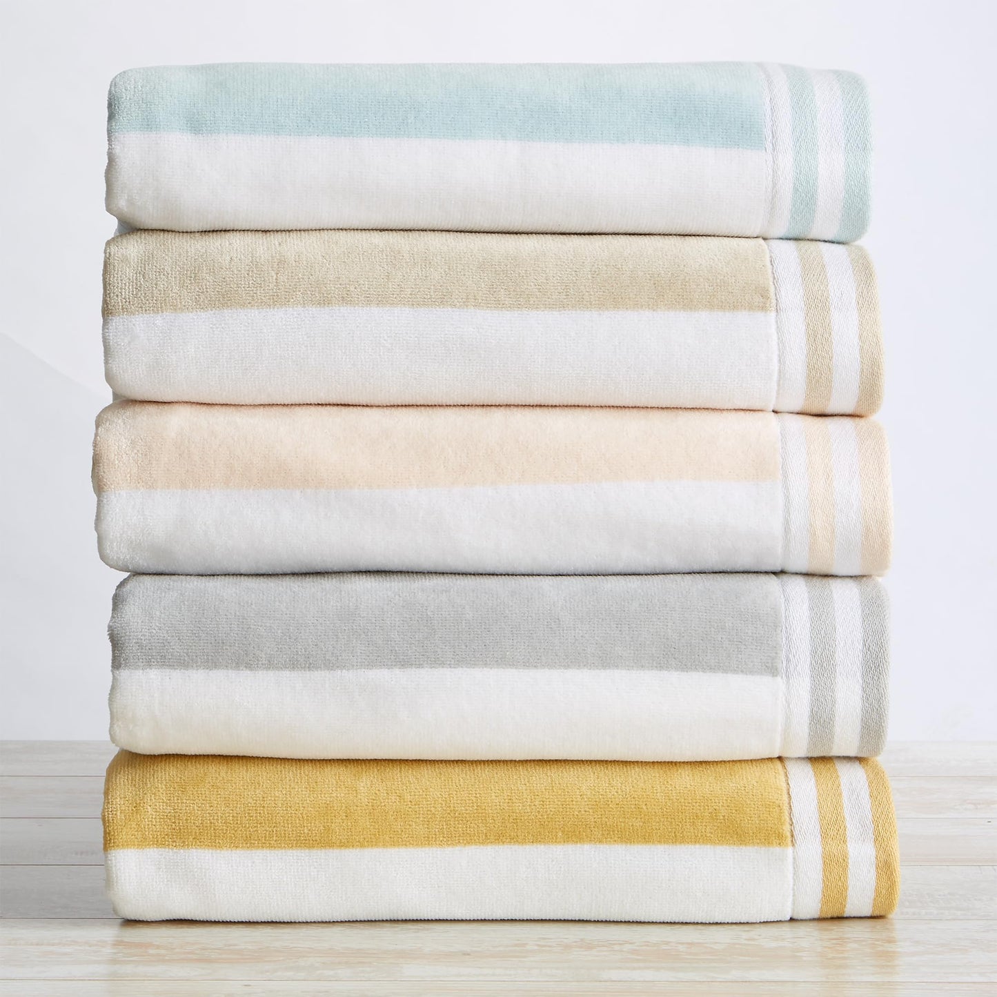 Great Bay Home 100% Cotton Velour 4 Pack Oversized Beach Towels - Taupe Cabana Stripe Pool Towels - Quick Dry, Large Swim Towels (4 Pack 35" x 70", Linen)