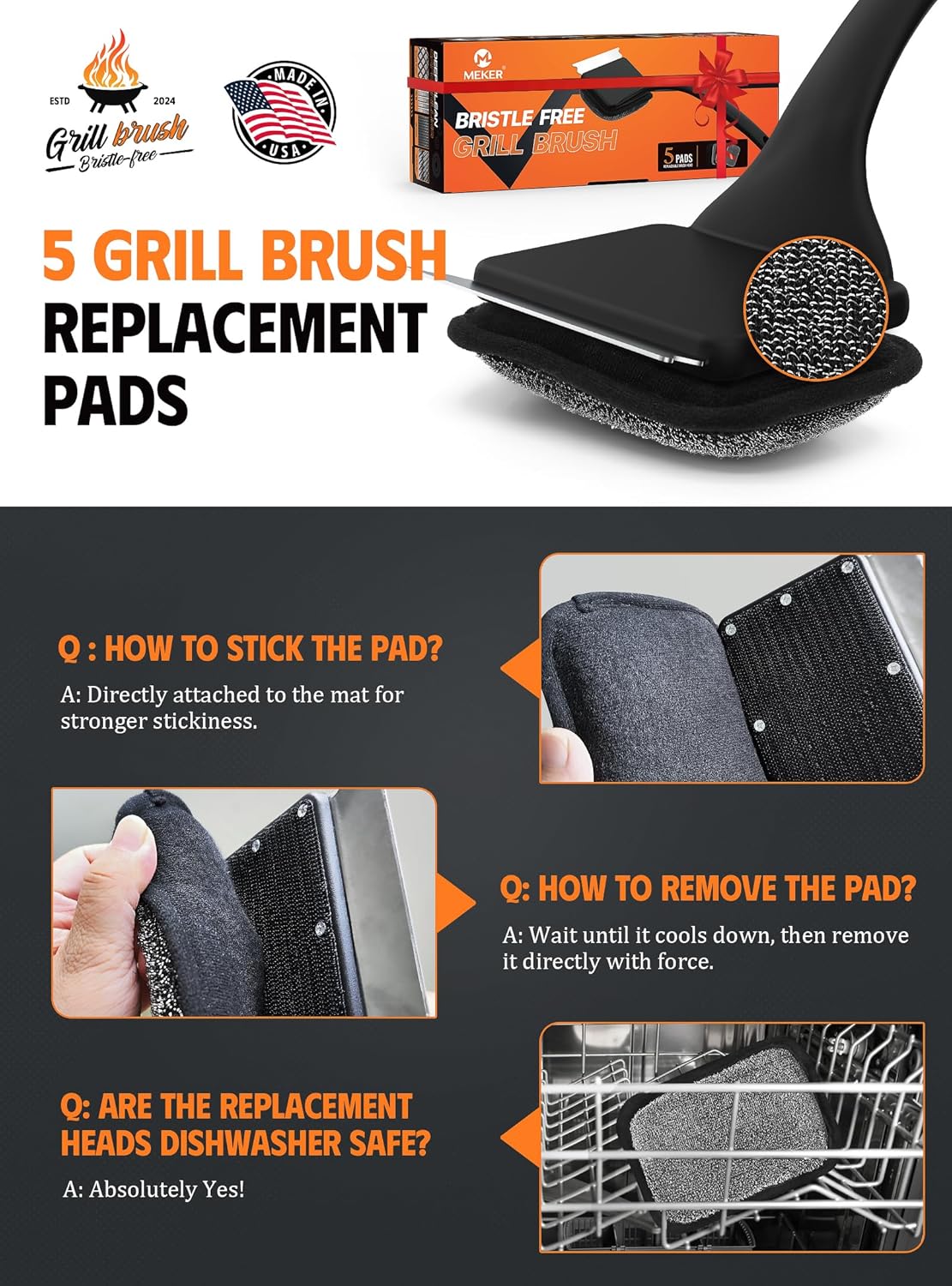 MEKER Grill Brush Replacement Pads - Ultra Safe Cleaning | 4-Pack Grill Cleaner Pads