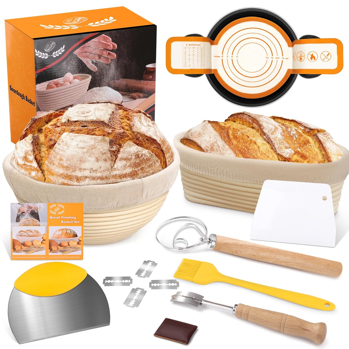 Banneton Basket Set of 2, 10" Oval & 9.7" Round Banneton Bread Proofing Basket with Liners, Bread Lame, Silicone Baking Mat, Danish Whisk, Brush, Proofing Bowls Sourdough Starter Kit Tools