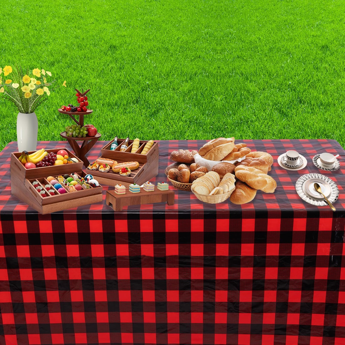 Kesfey 8 Packs Red and Black Merry Christmas Checkered Tablecloth 54 x 108 Inches Plastic Buffalo Check Plaid Table Cover Disposable Red Gingham Winter Christmas Picnic Table Cloth for Dinner Camping
