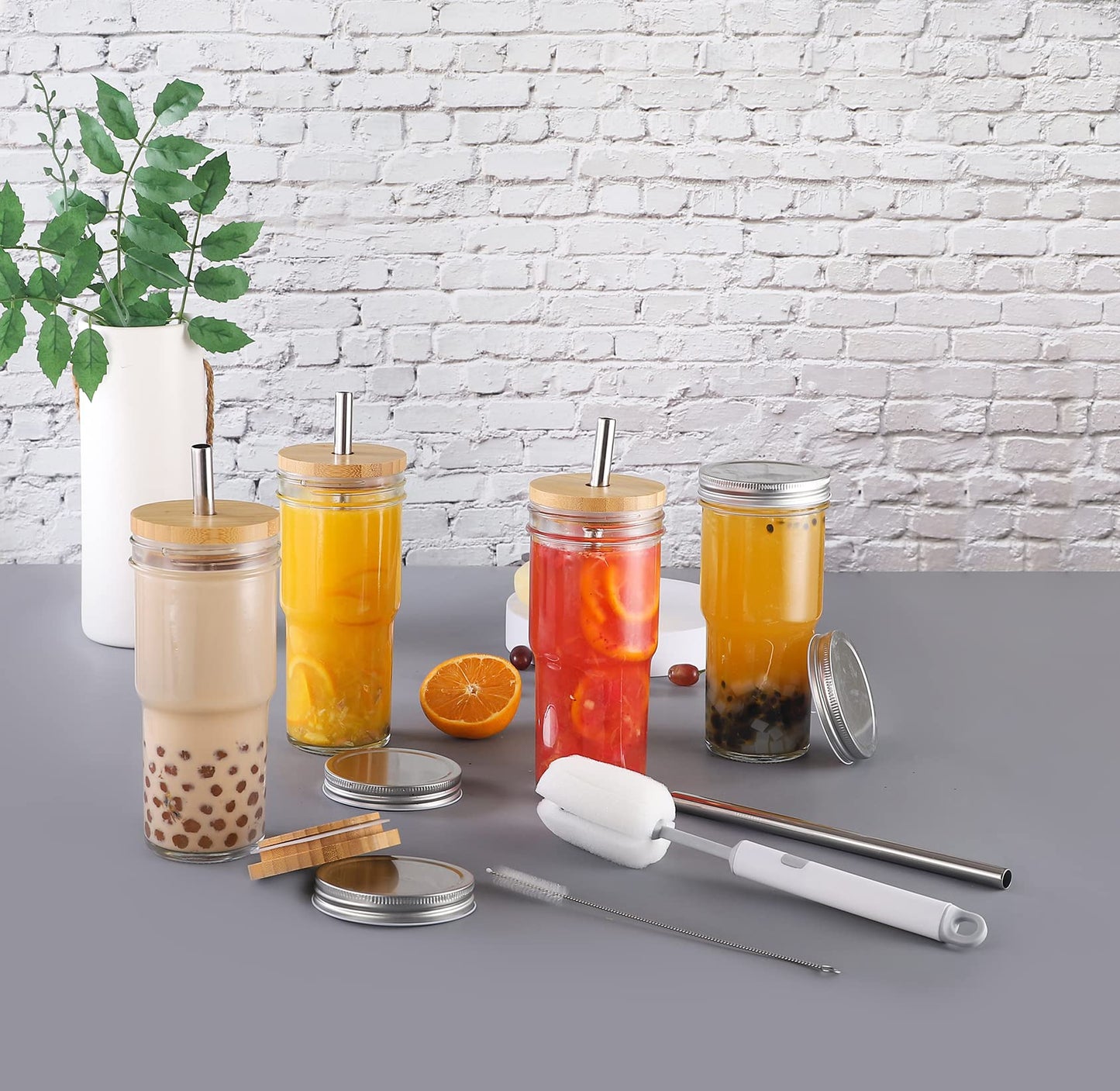 ASANMEYO 4 Pcs 24 oz Glass Cups With Bamboo Lids and Straws & 4 Airtight Lids, Reusable Smoothie Cups Mason Jar Drinking Glasses Iced Coffee Cups Glass Tumbler for Bubble Tea, Juice, Gift