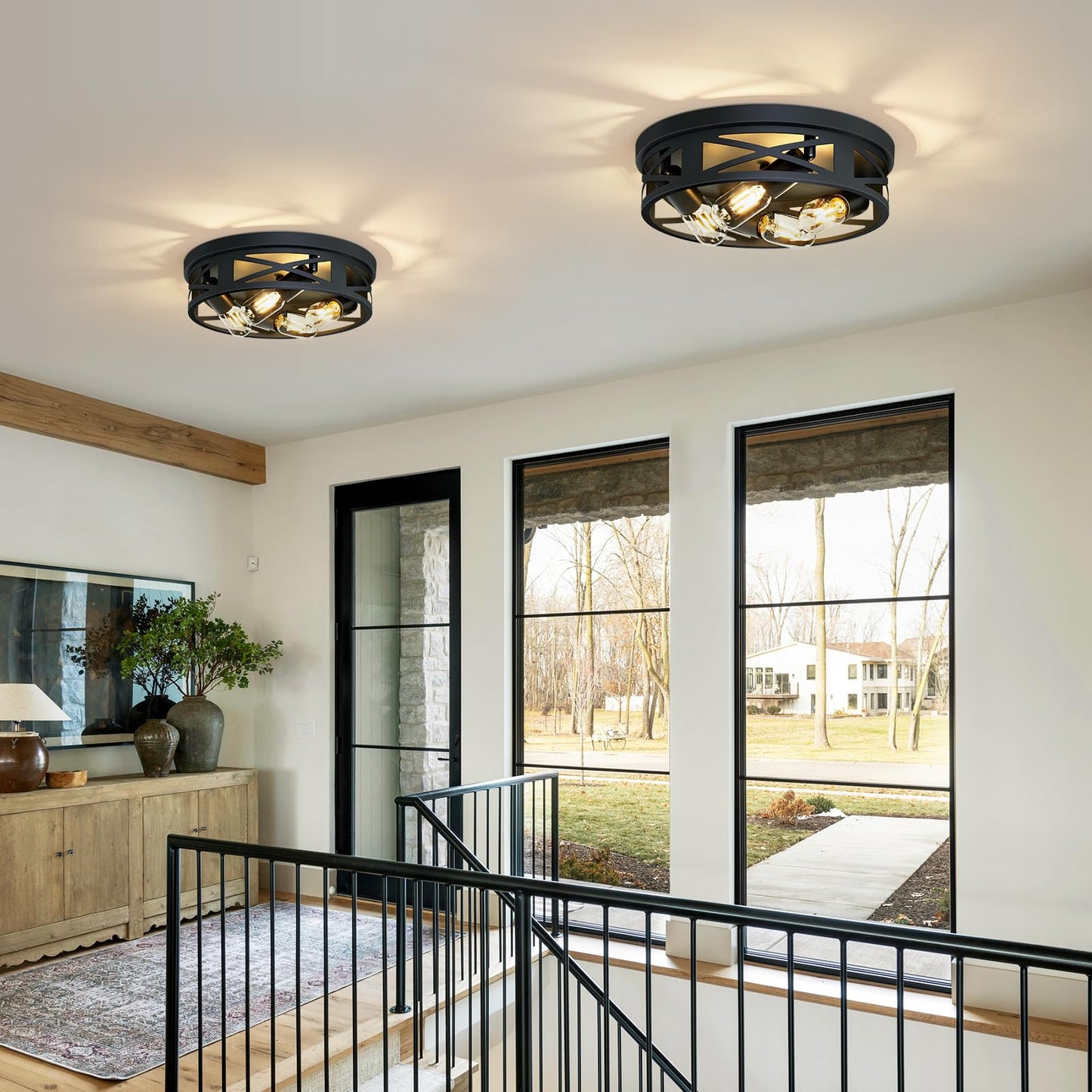 ZHU YAN Flush Mount 4-Light Ceiling Light Fixture for Hallway, Kitchen, Entryway - Black, E26 Base (2 Pack)