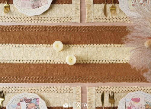 FEXIA Boho Table Runner for Home Decor with Tassels 72 Inches Long Farmhouse Rustic Caramel Table Runner Macrame Burlap Table Decoration for Living Room Bridal Shower (12x72 Inches)
