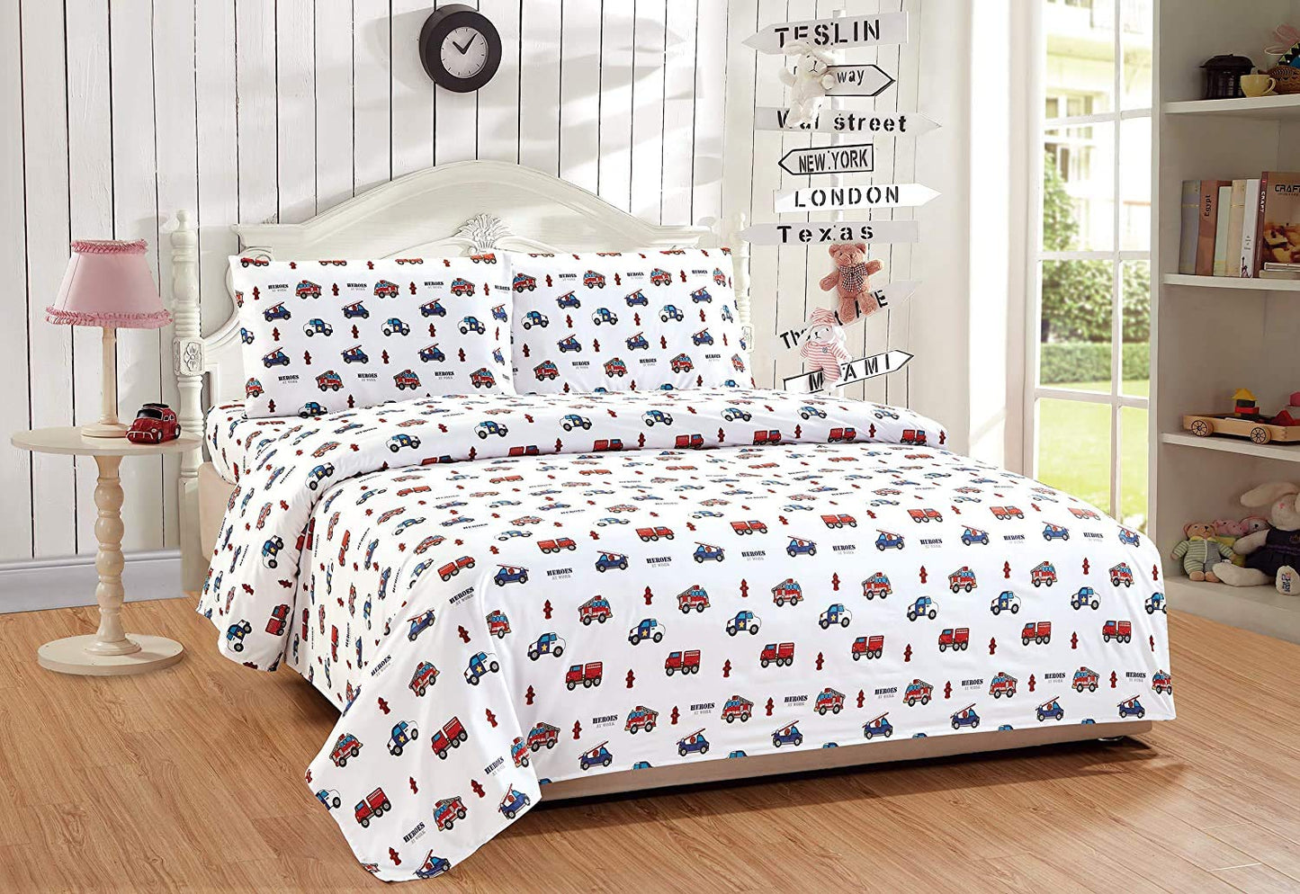 Linen Plus Sheet Set for Kids Heroes Fire Fighter Fire Trucks Police Car Ambulance Paramedic Navy Blue Red White Light Blue Grey Green Flat Sheet Fitted Sheet and Pillow Cases Queen Size New