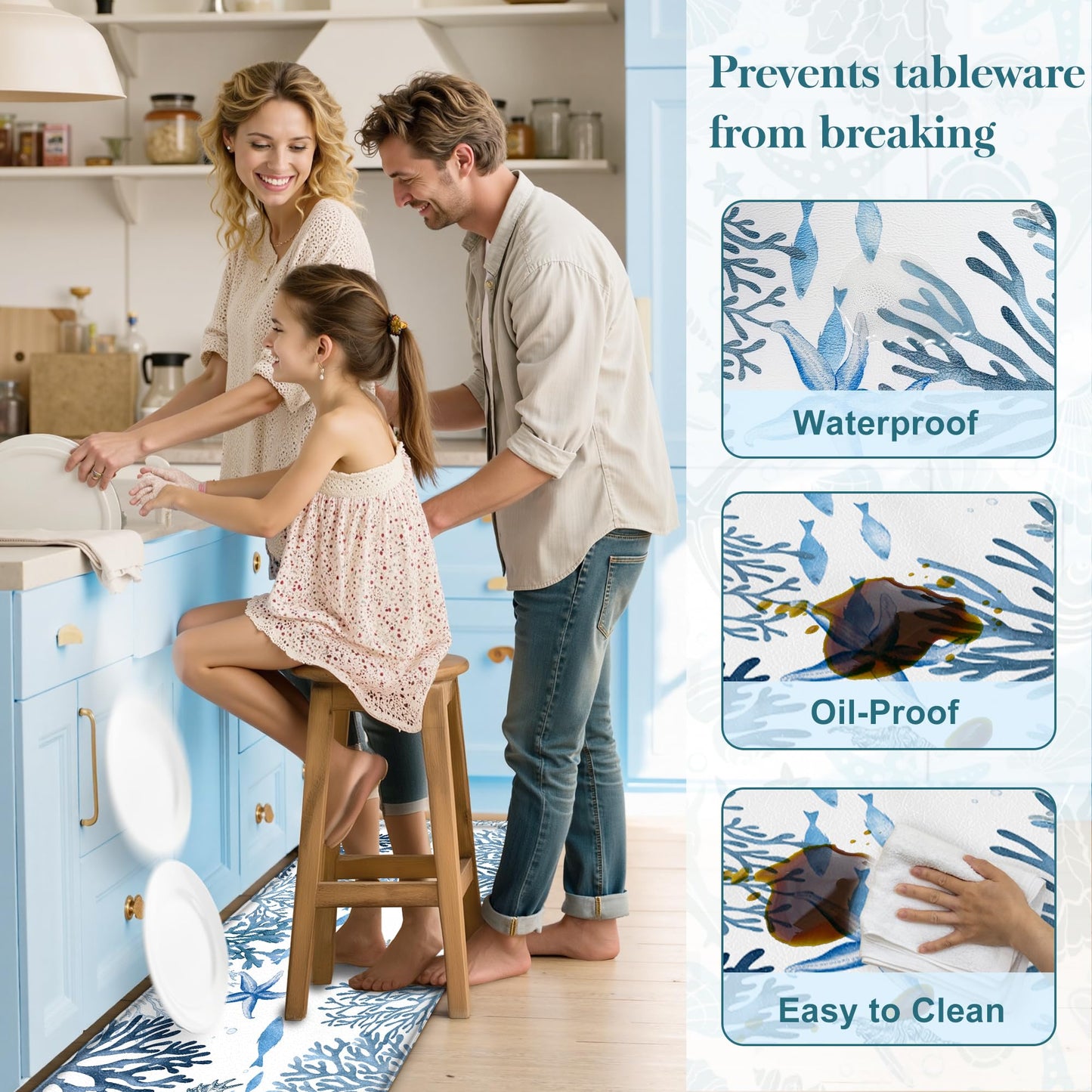 Kitchen Mats for Floor Cushioned Anti Fatigue Sets of 2 Coastal Kitchen Rugs Non Slip Waterproof Nautical Foam Kitchen Floor Rug Beach Theme Coral Fish Comfort Standing Mat for Sink Laundry, Blue