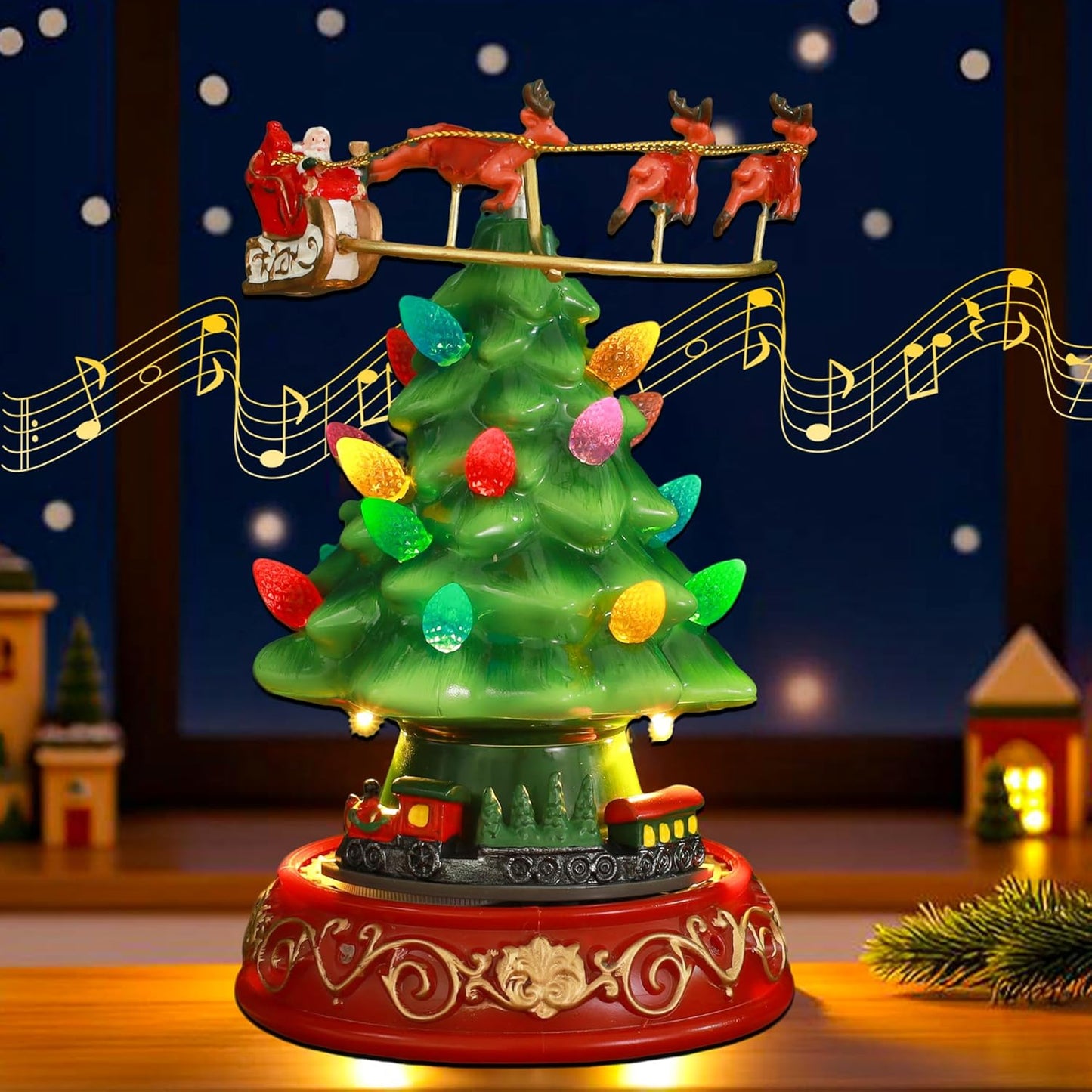 Regine Switzerland Musical Pre-Lit Artificial Christmas Tree - Spinning Train & Elk Figurines | Holiday Tabletop Decor