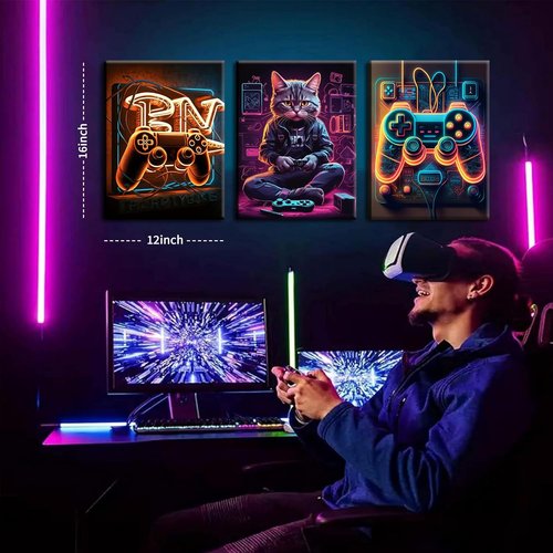 Eysintum Gaming Wall Art - Retro Video Game Controller & Cat Canvas Prints | 12x16in Set of 3 for Boys' Room Decor