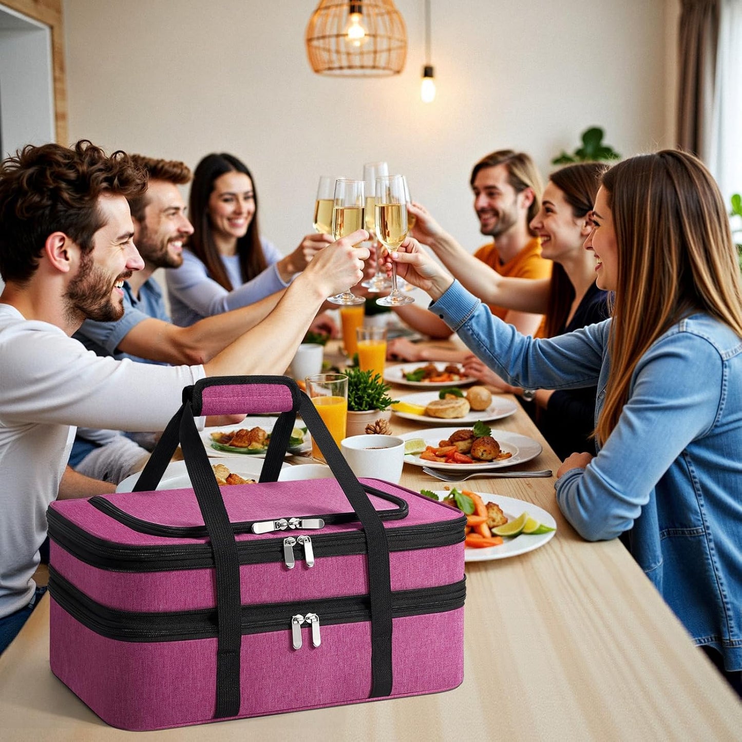 Skiennix Insulated Double Casserole Carrier - Portable Hot/Cold Food Tote Bag for Potlucks | Fits 9" x 13" Dish - Pink