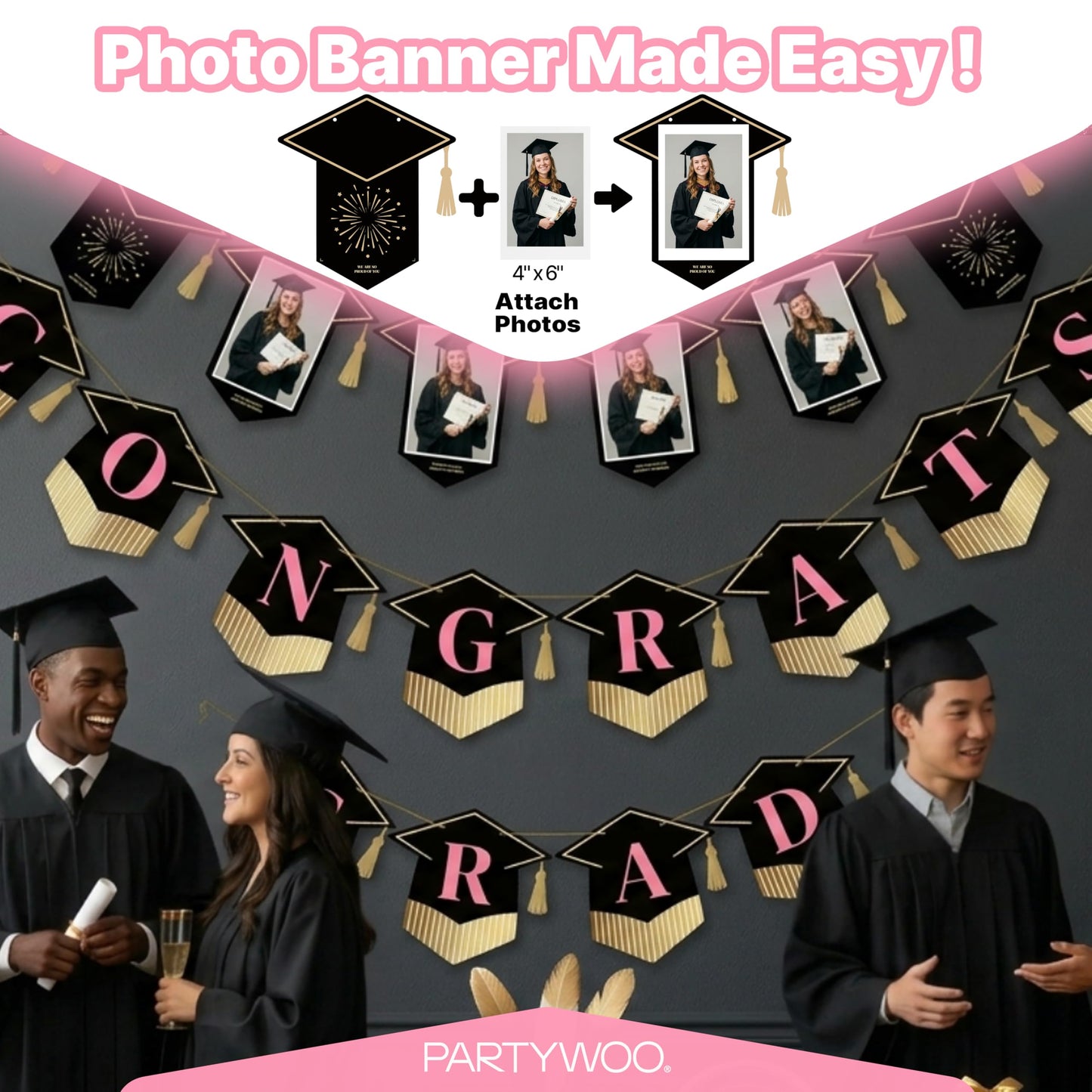 PartyWoo Class of 2026 Black Pink Gold Graduation Banner Decorations 2pcs Black Pink Gold 2026 Hanging Congrats Grad Party Banner Supplies for Middle High School College Graduation Party Decorations