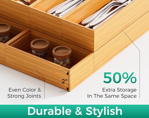 Bamboo Kitchen Drawer Organizer - Stackable Utensil Tray Set of 2 | 17" x 6" for Cutlery & Flatware Storage