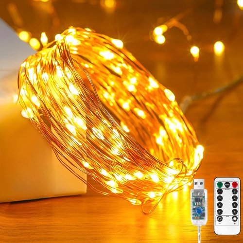 Ariceleo USB Powered Fairy Lights - 100 LED Twinkle String Lights with Remote & Timer | 65.6 ft Silver Wire, Waterproof, Warm White