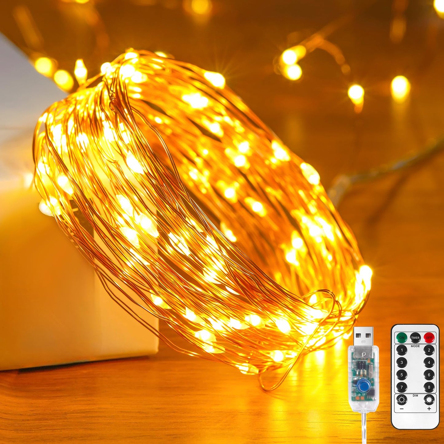 Ariceleo 1 Pack 65. 6 ft. USB Powered Fairy Lights with Remote & Timer, 100 LED USB Twinkle String Lights - Silver Wire, 8 Modes, Waterproof, Warm White Starry Lights for Party, Wedding, Christmas